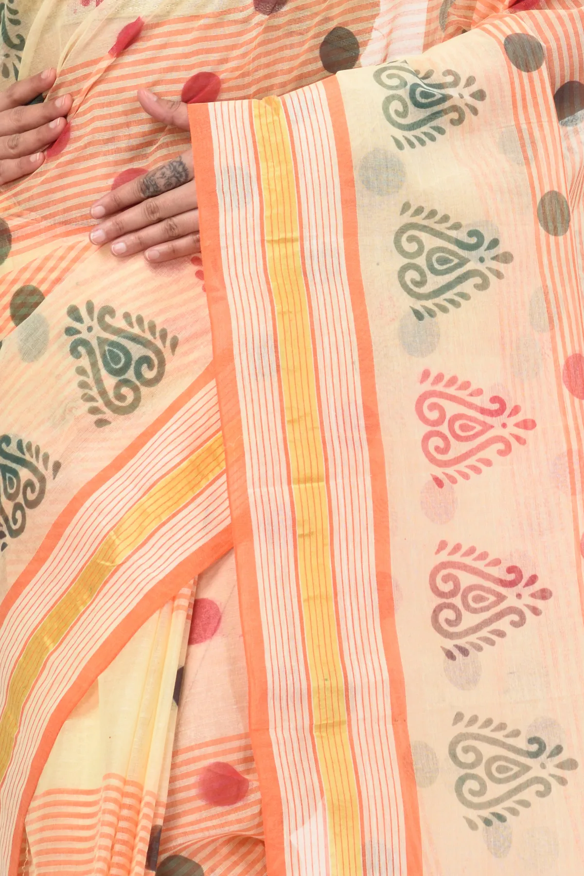 DipDiya Pure Cotton Orange Matha Saree Handloom Heritage Printed Tant Sarees