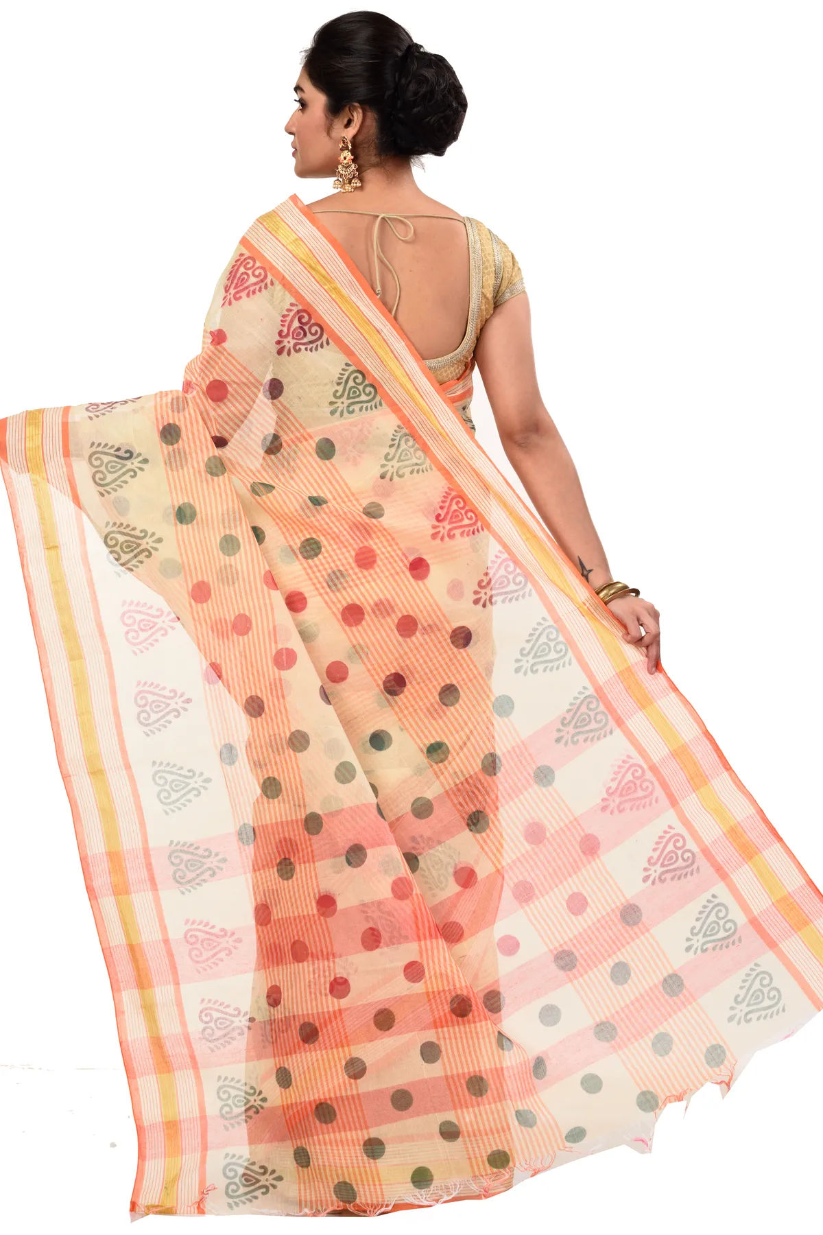 DipDiya Pure Cotton Orange Matha Saree Handloom Heritage Printed Tant Sarees