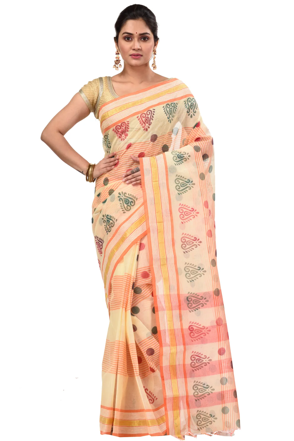 DipDiya Pure Cotton Orange Matha Saree Handloom Heritage Printed Tant Sarees