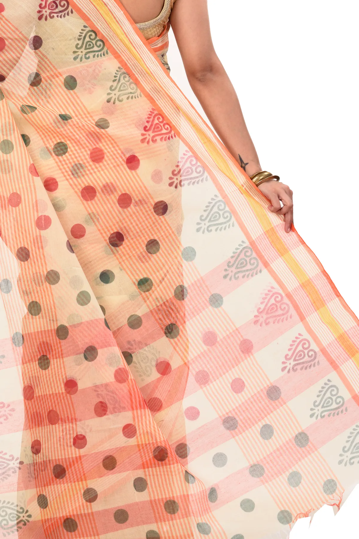 DipDiya Pure Cotton Orange Matha Saree Handloom Heritage Printed Tant Sarees