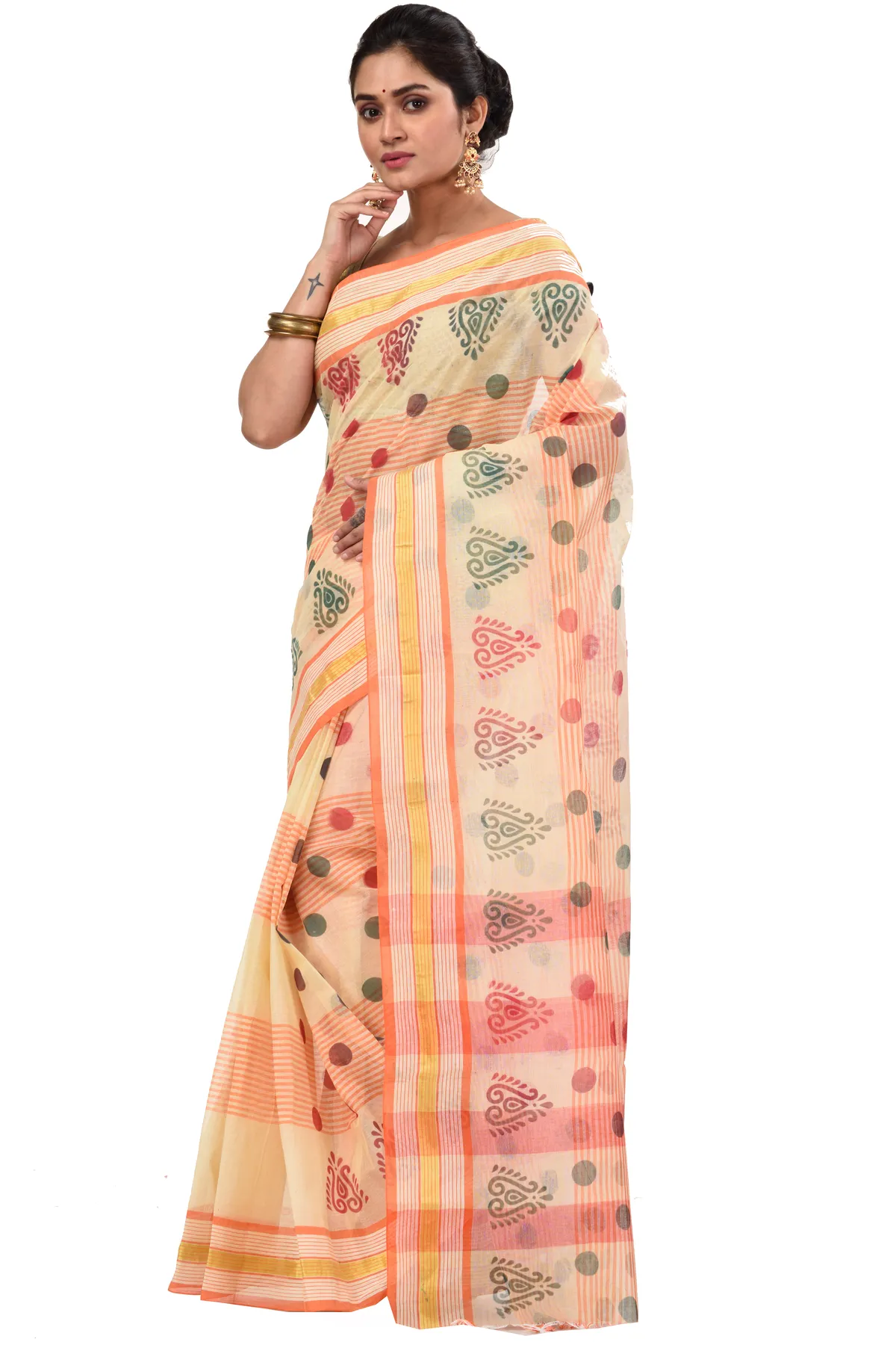 DipDiya Pure Cotton Orange Matha Saree Handloom Heritage Printed Tant Sarees