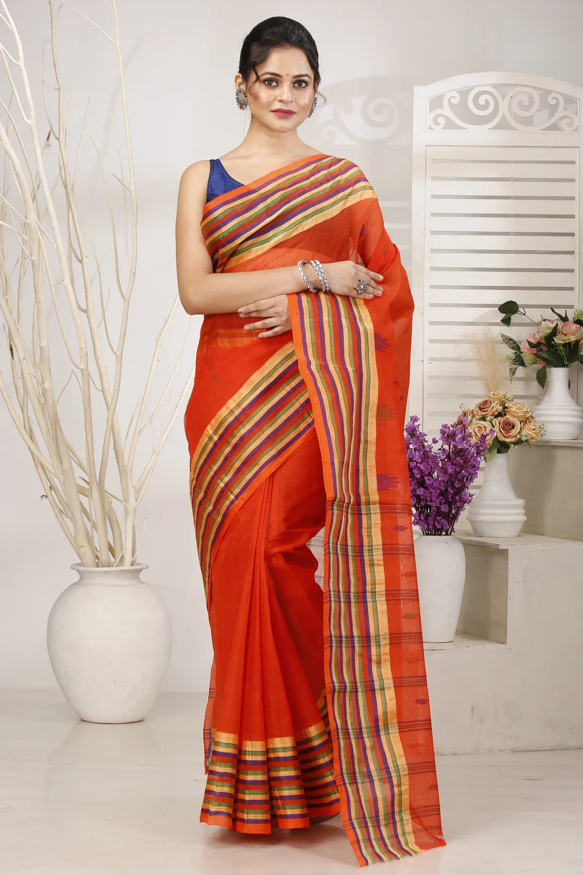 DipDiya Pure Cotton Orange mena Artisan Woven Tant Sarees