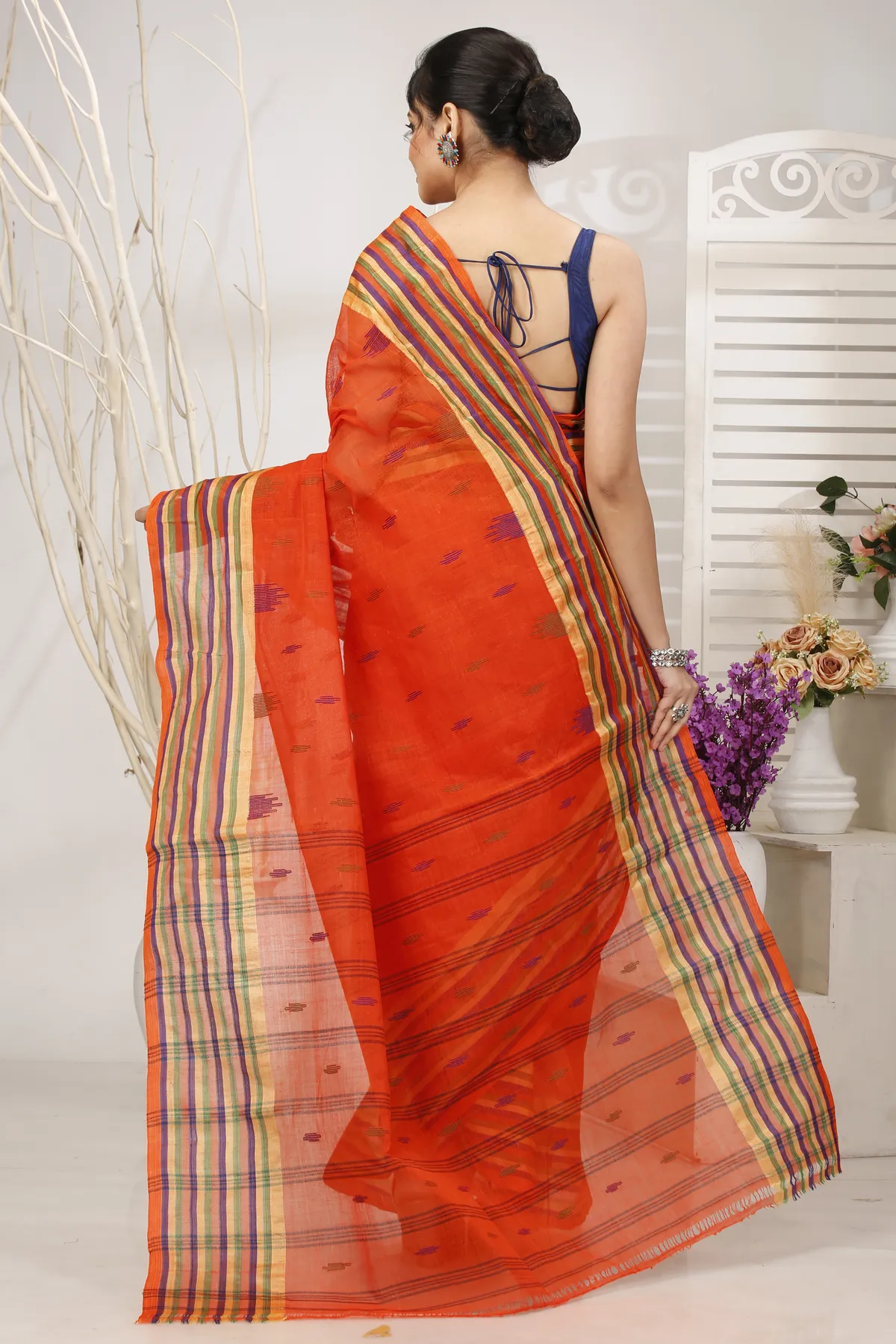 DipDiya Pure Cotton Orange mena Artisan Woven Tant Sarees