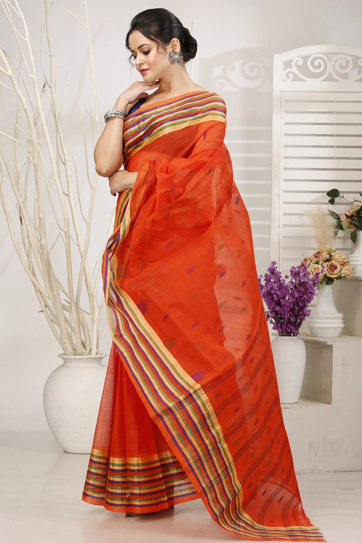 DipDiya Pure Cotton Orange mena Artisan Woven Tant Sarees