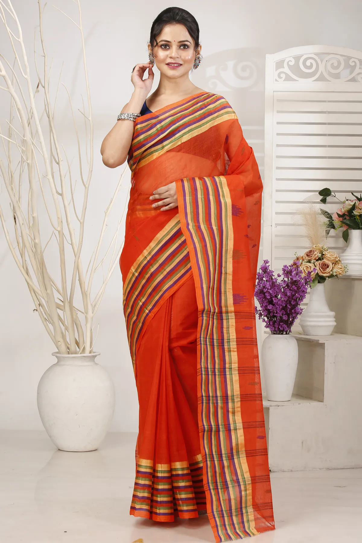 DipDiya Pure Cotton Orange mena Artisan Woven Tant Sarees