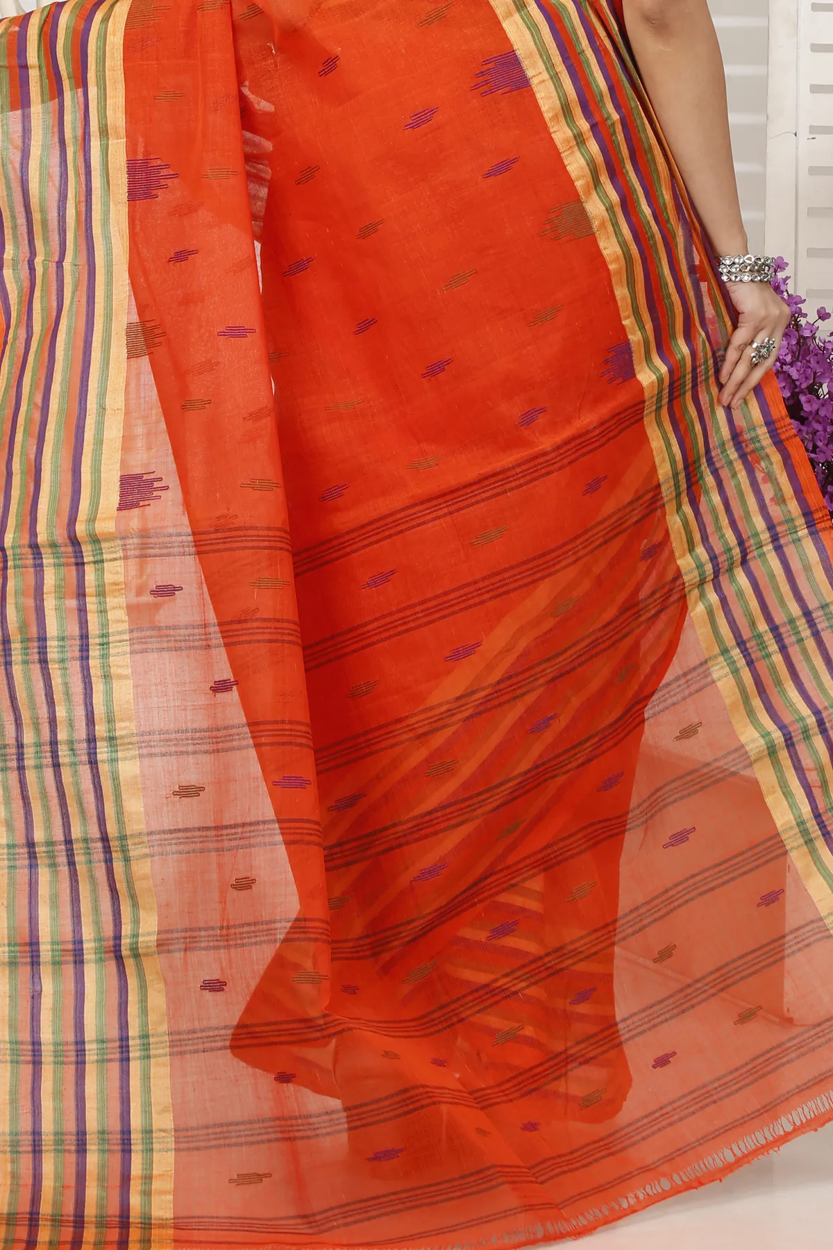 DipDiya Pure Cotton Orange mena Artisan Woven Tant Sarees