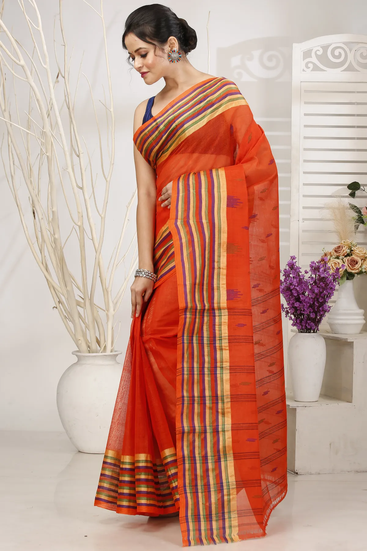 DipDiya Pure Cotton Orange mena Artisan Woven Tant Sarees