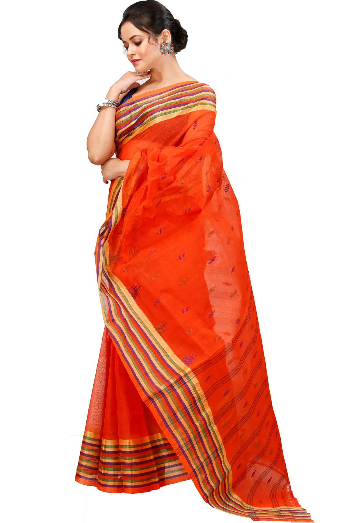 DipDiya Pure Cotton Orange mena Artisan Woven Tant Sarees