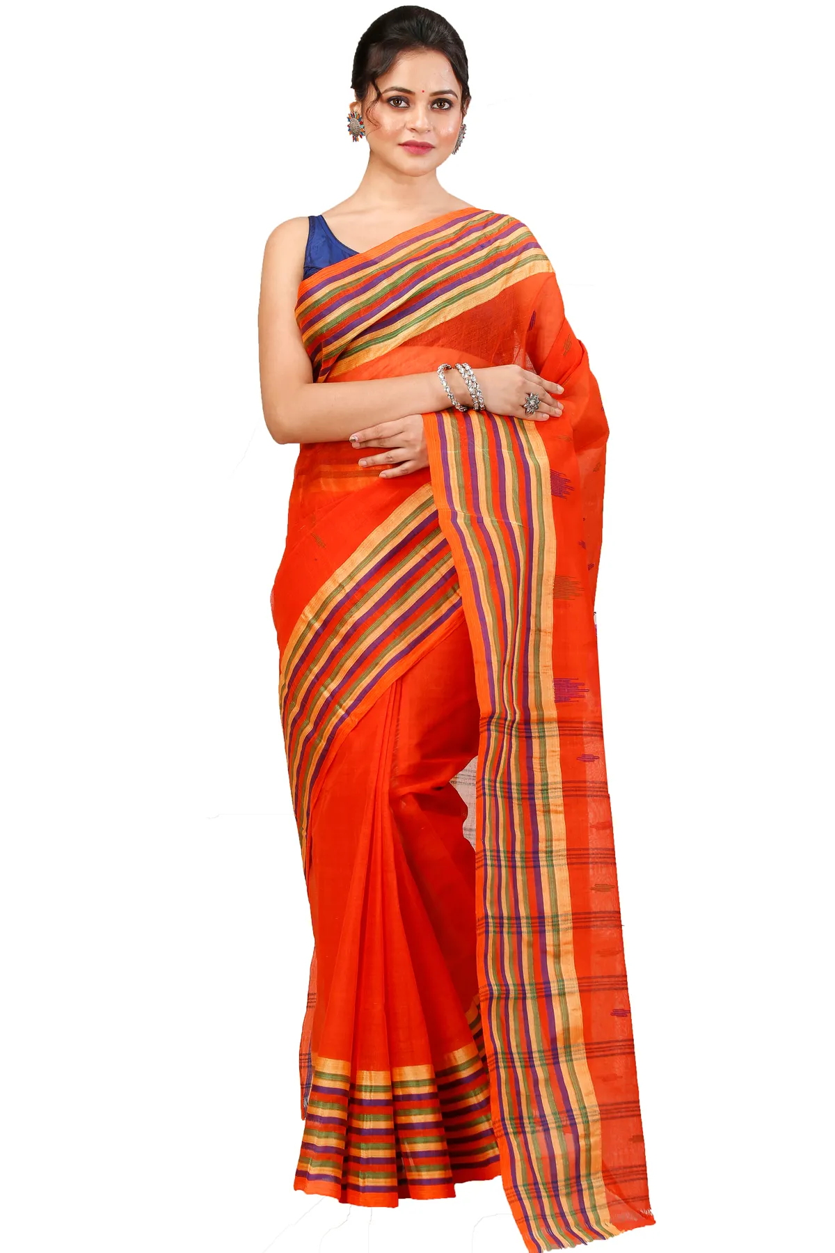 DipDiya Pure Cotton Orange mena Artisan Woven Tant Sarees