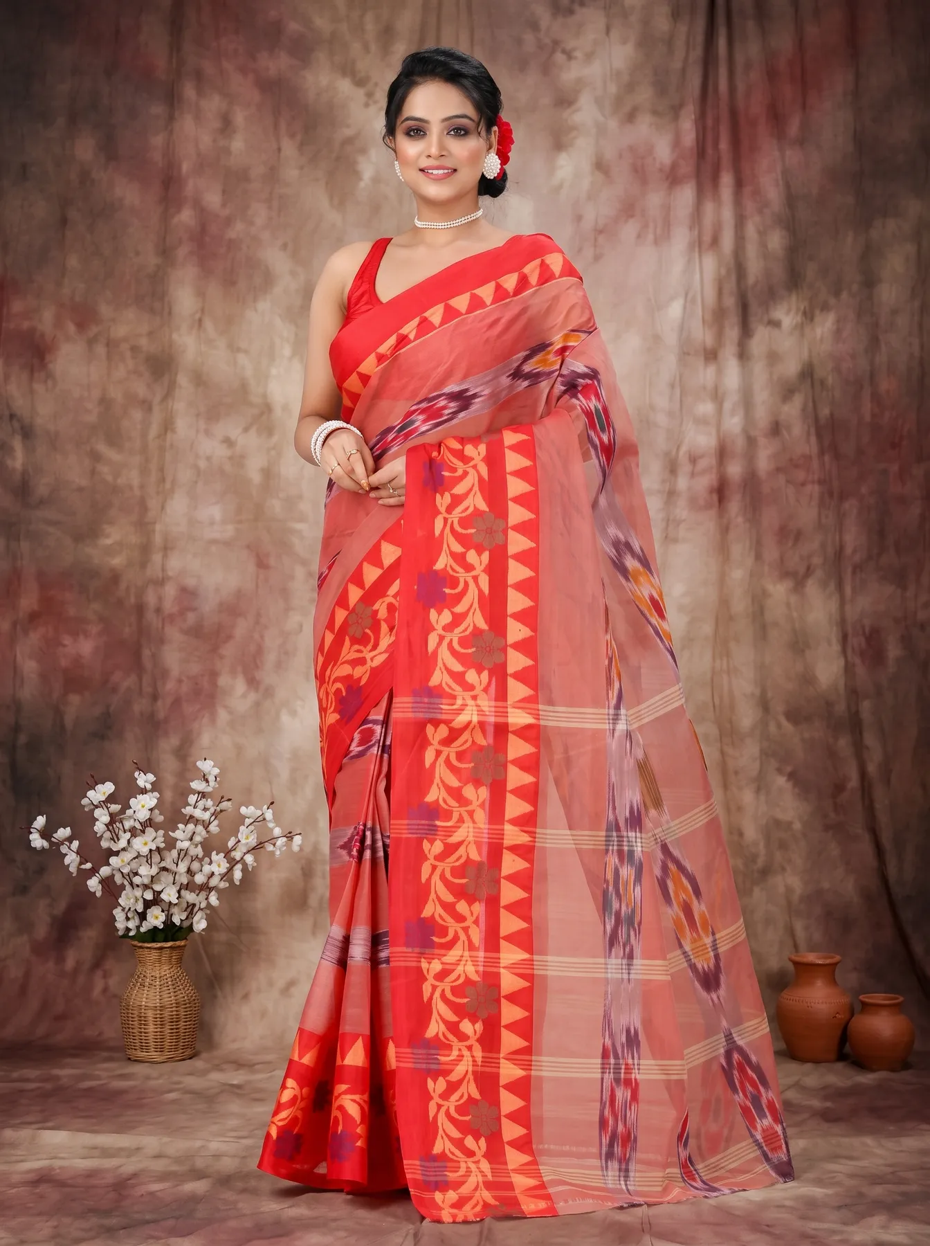 DipDiya Pure Cotton Orange Mili Loom to Love Tant Sarees