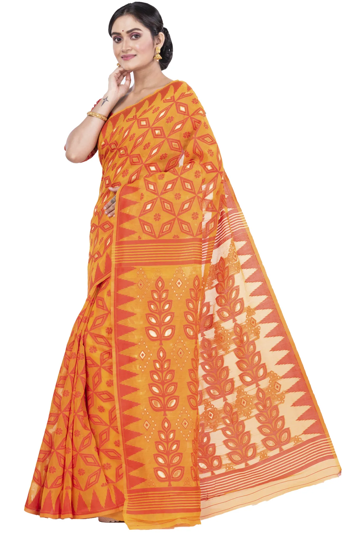 DipDiya Pure Cotton Orange Minakari Jmdni Woven with Love Jamdani Sarees