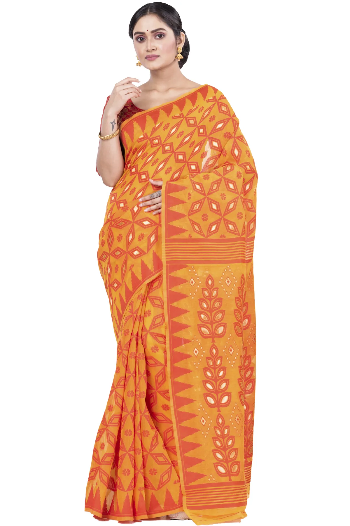 DipDiya Pure Cotton Orange Minakari Jmdni Woven with Love Jamdani Sarees