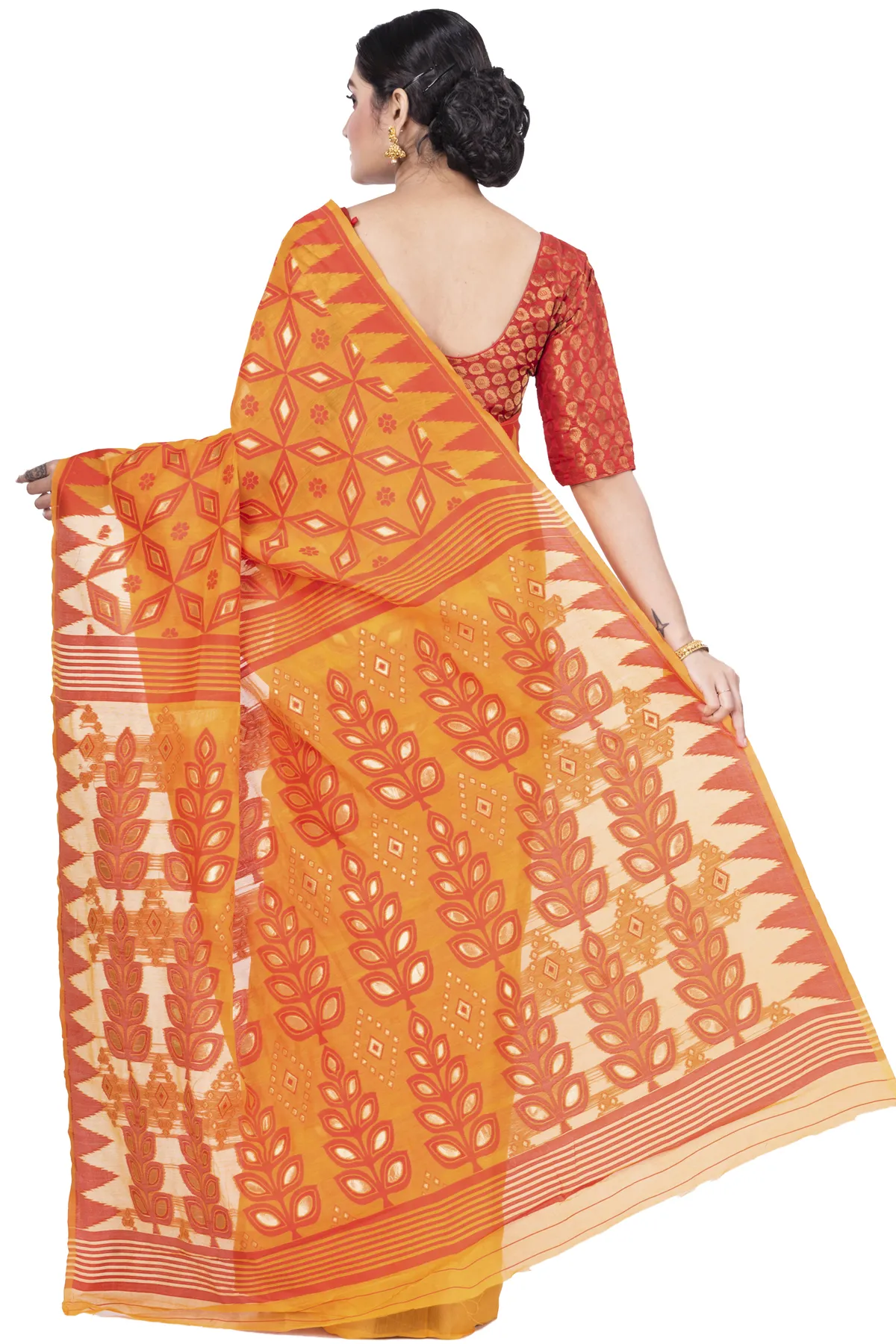 DipDiya Pure Cotton Orange Minakari Jmdni Woven with Love Jamdani Sarees