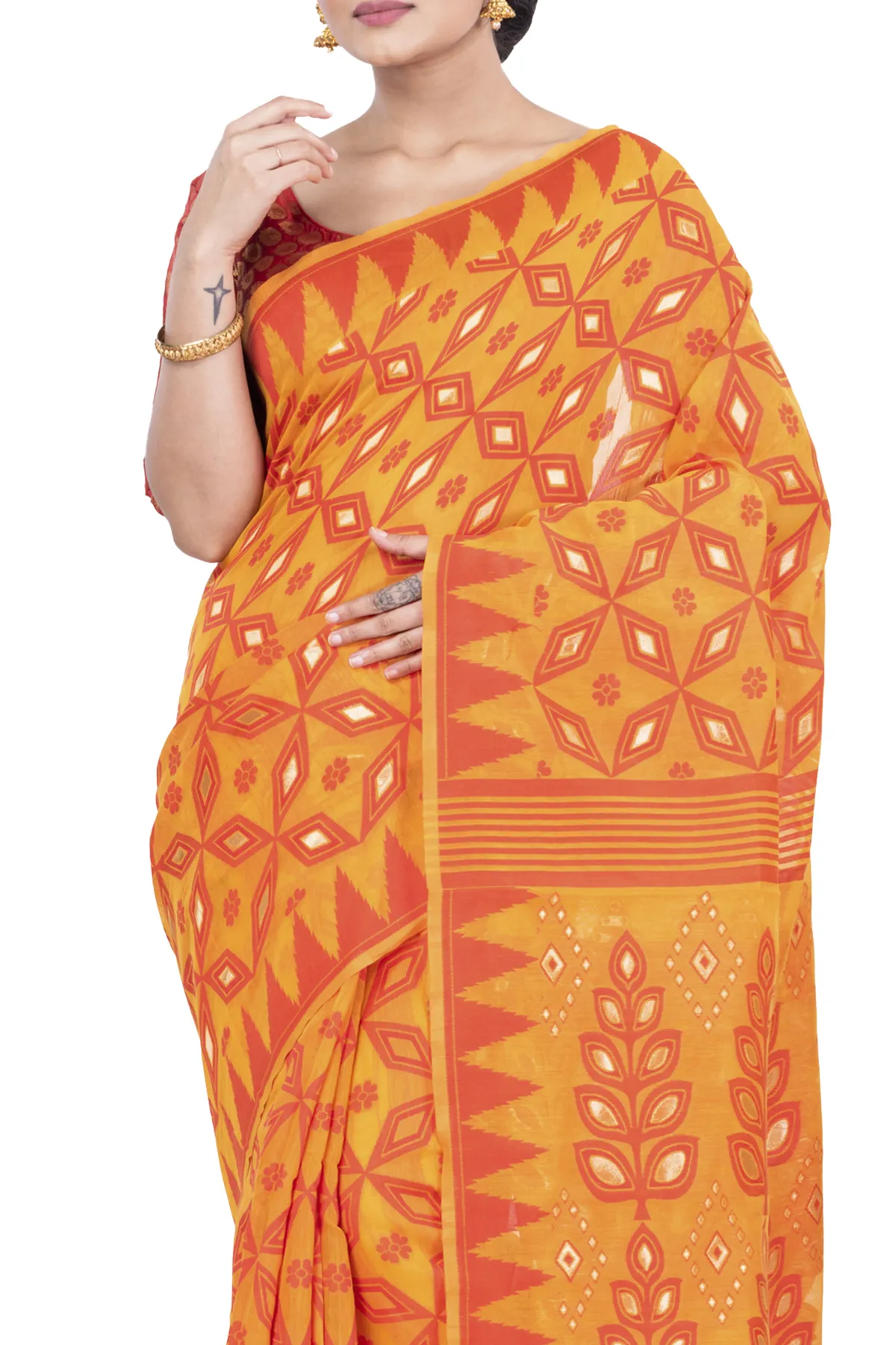 DipDiya Pure Cotton Orange Minakari Jmdni Woven with Love Jamdani Sarees