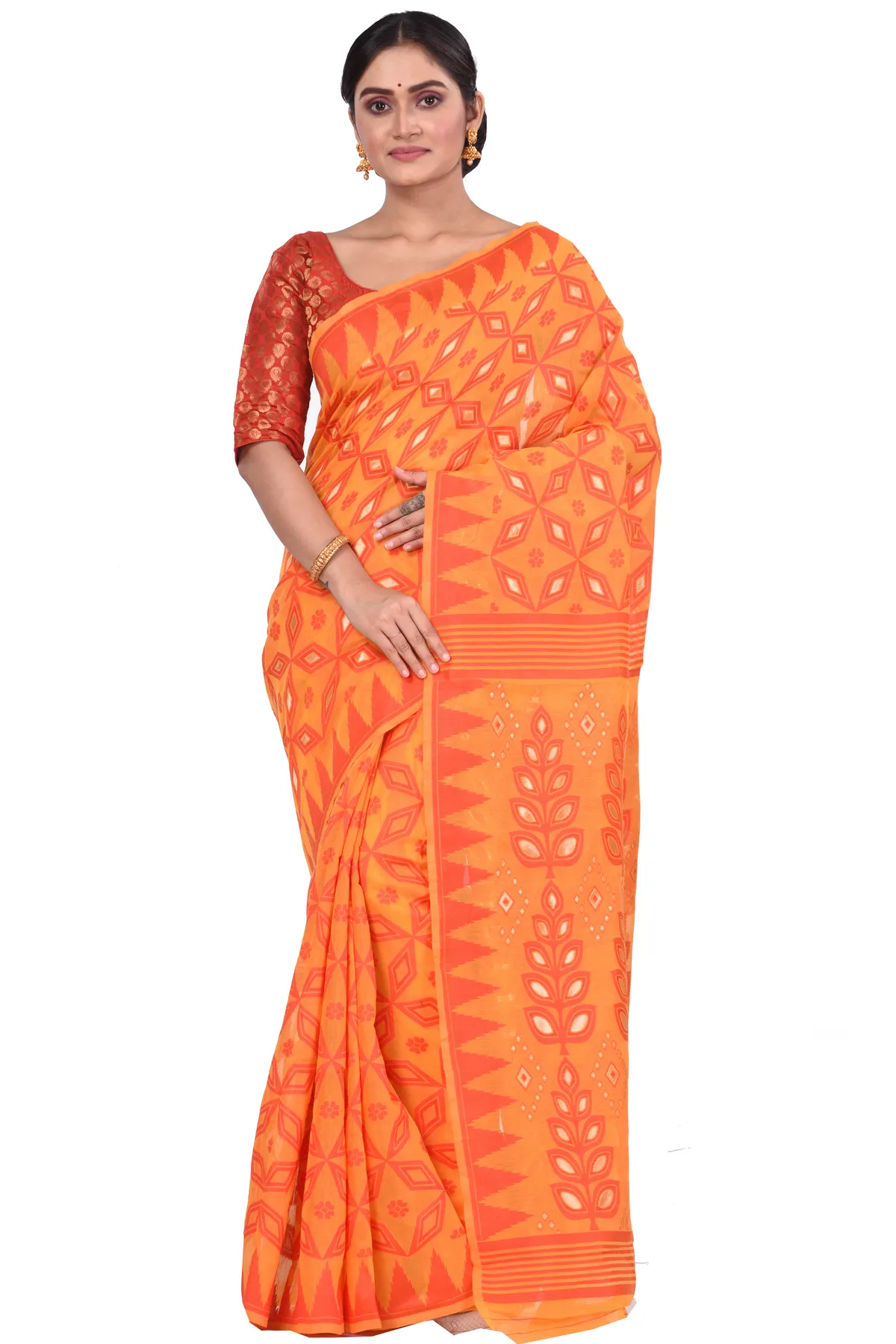 DipDiya Pure Cotton Orange Minakari Jmdni Woven with Love Jamdani Sarees