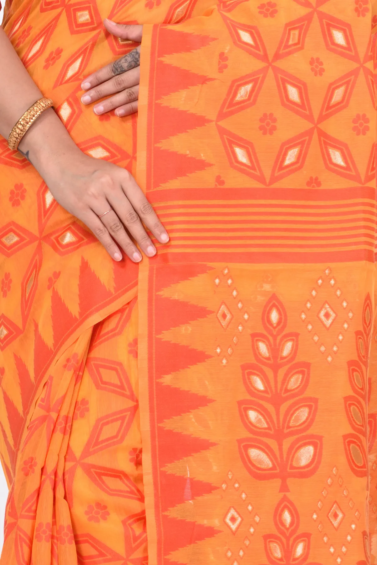 DipDiya Pure Cotton Orange Minakari Jmdni Woven with Love Jamdani Sarees