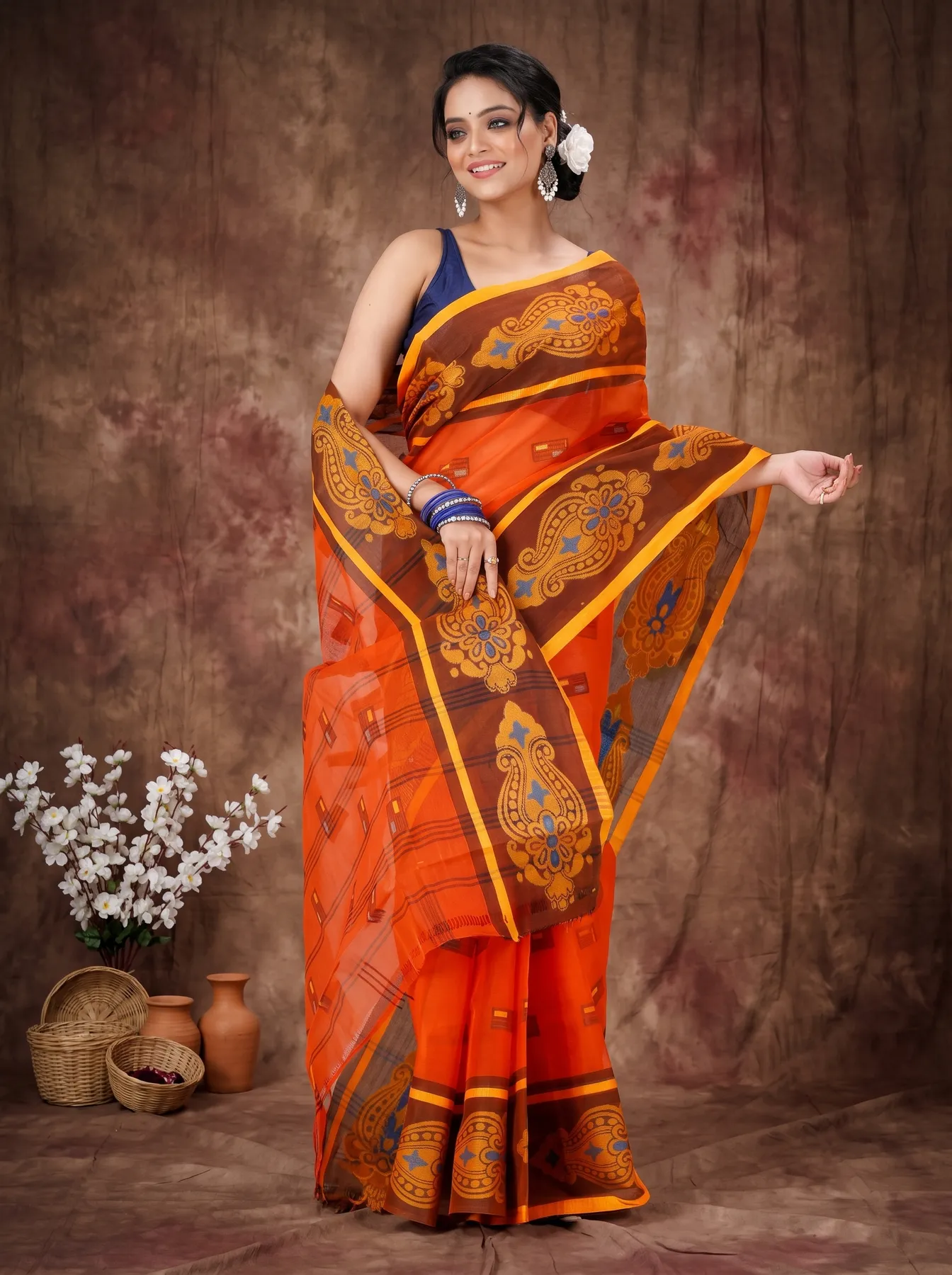 DipDiya Pure Cotton Orange Mitul Timeless Bengal Tant Sarees