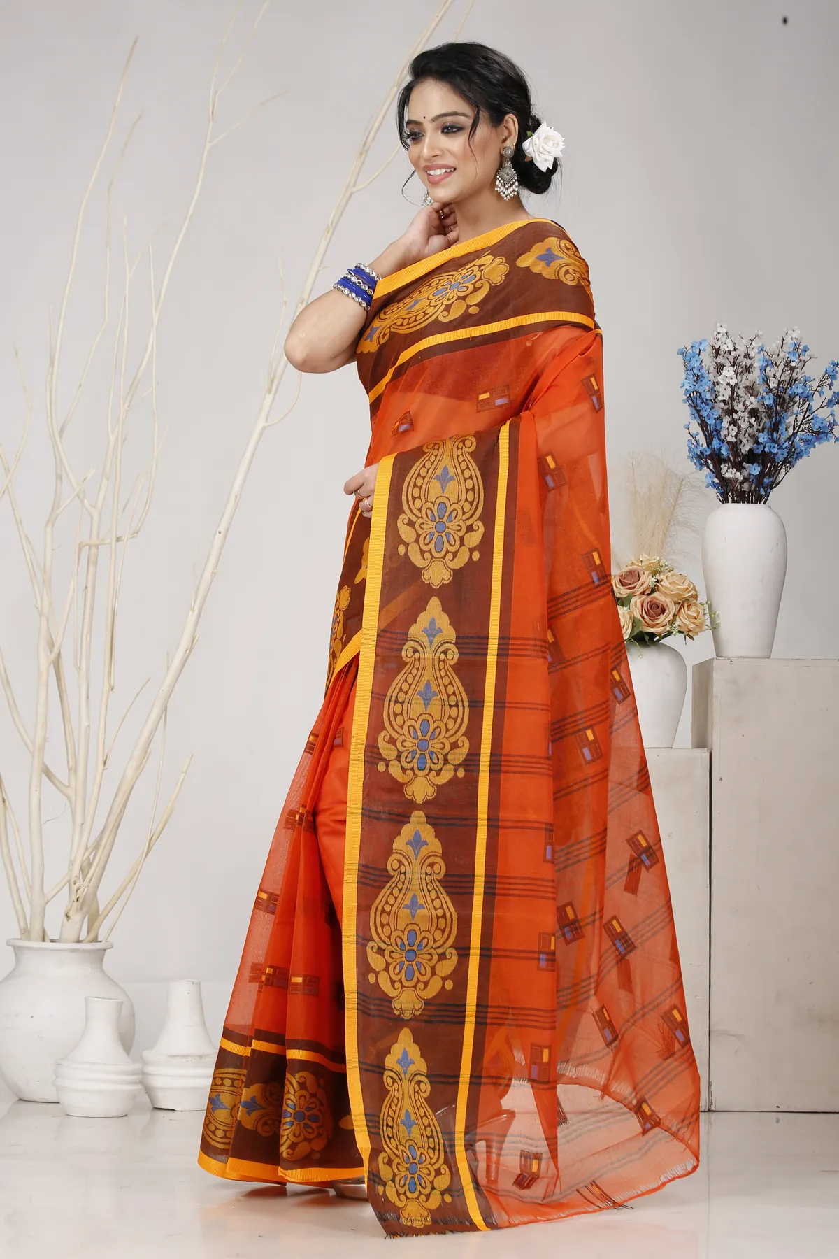 DipDiya Pure Cotton Orange Mitul Timeless Bengal Tant Sarees