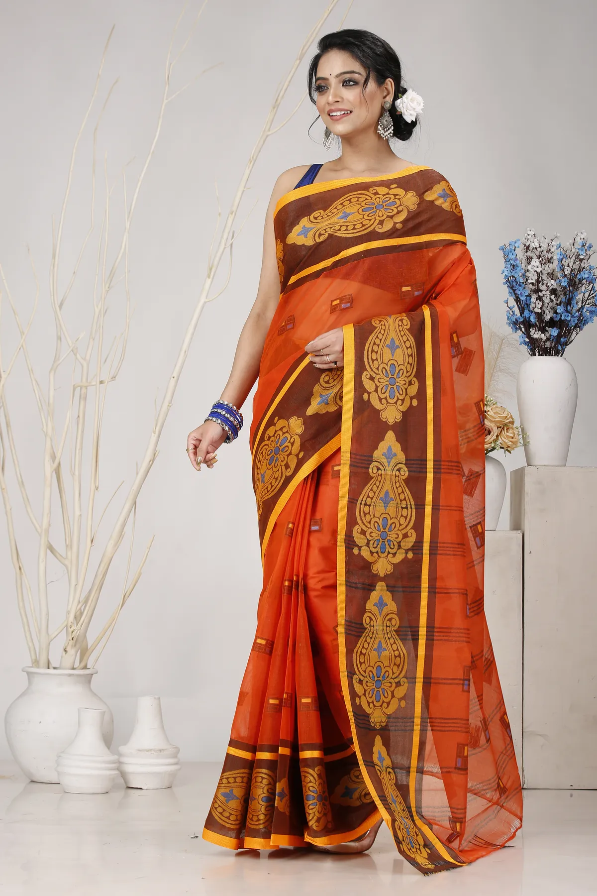 DipDiya Pure Cotton Orange Mitul Timeless Bengal Tant Sarees