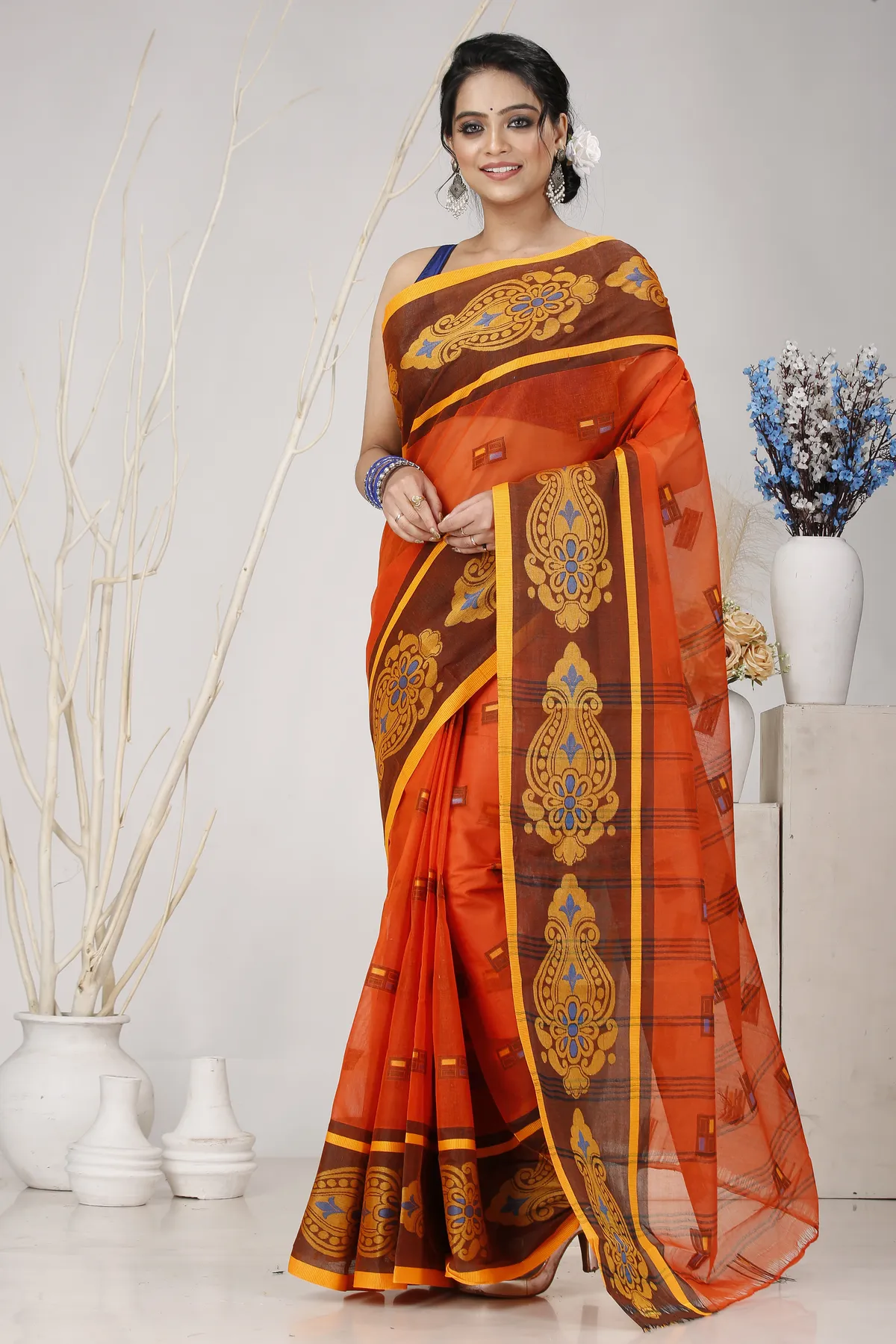 DipDiya Pure Cotton Orange Mitul Timeless Bengal Tant Sarees