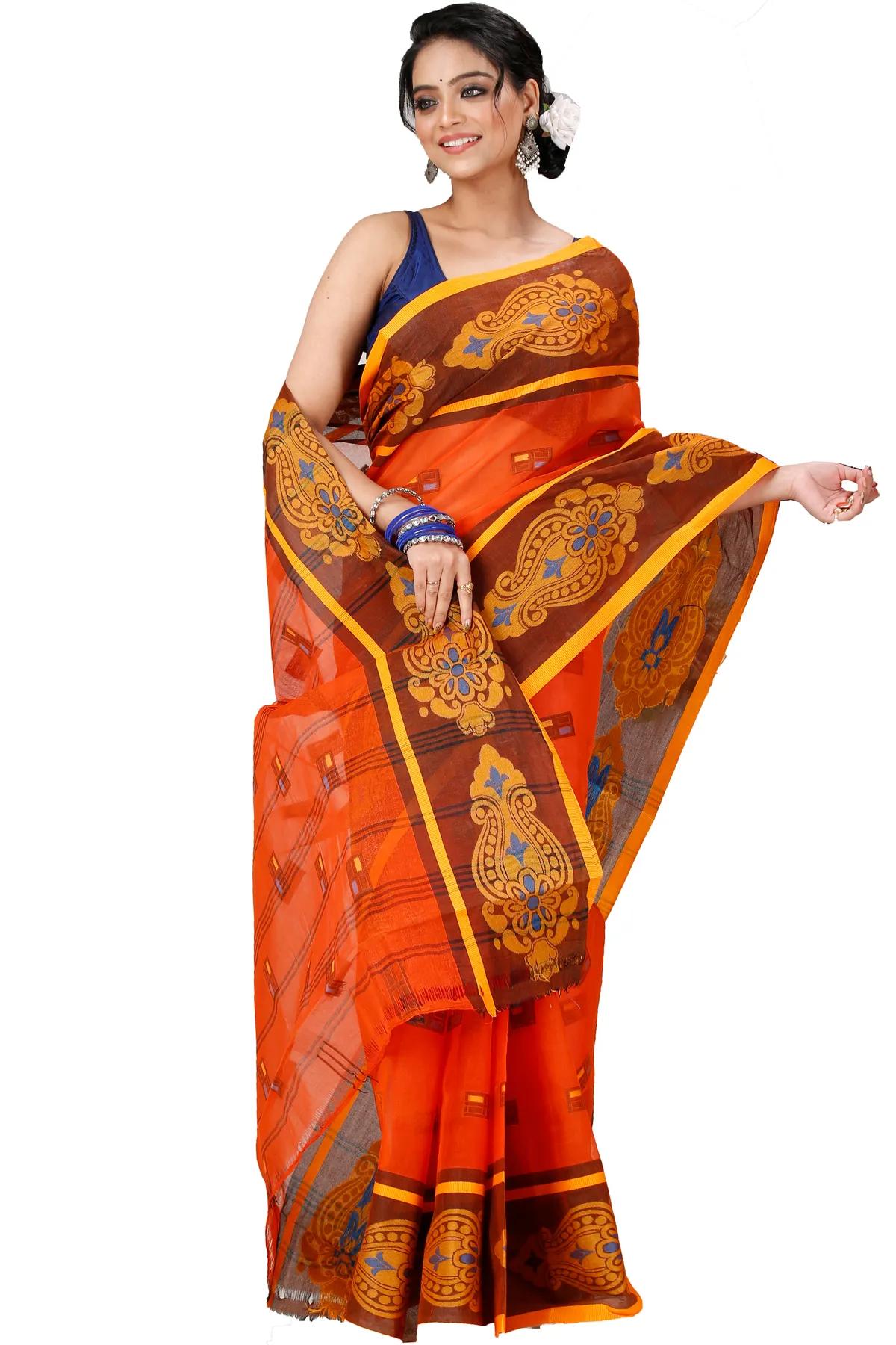 DipDiya Pure Cotton Orange Mitul Timeless Bengal Tant Sarees