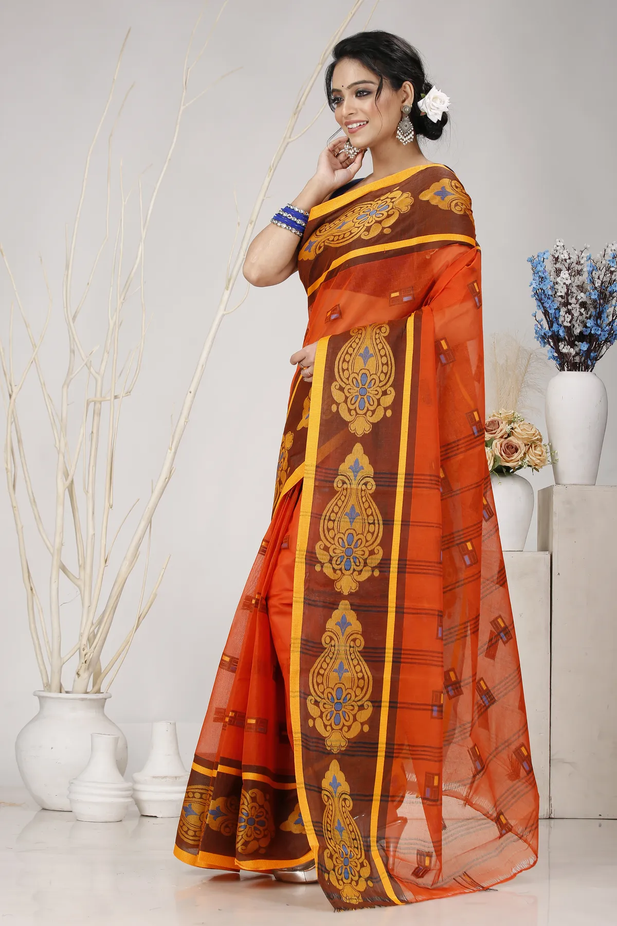 DipDiya Pure Cotton Orange Mitul Timeless Bengal Tant Sarees
