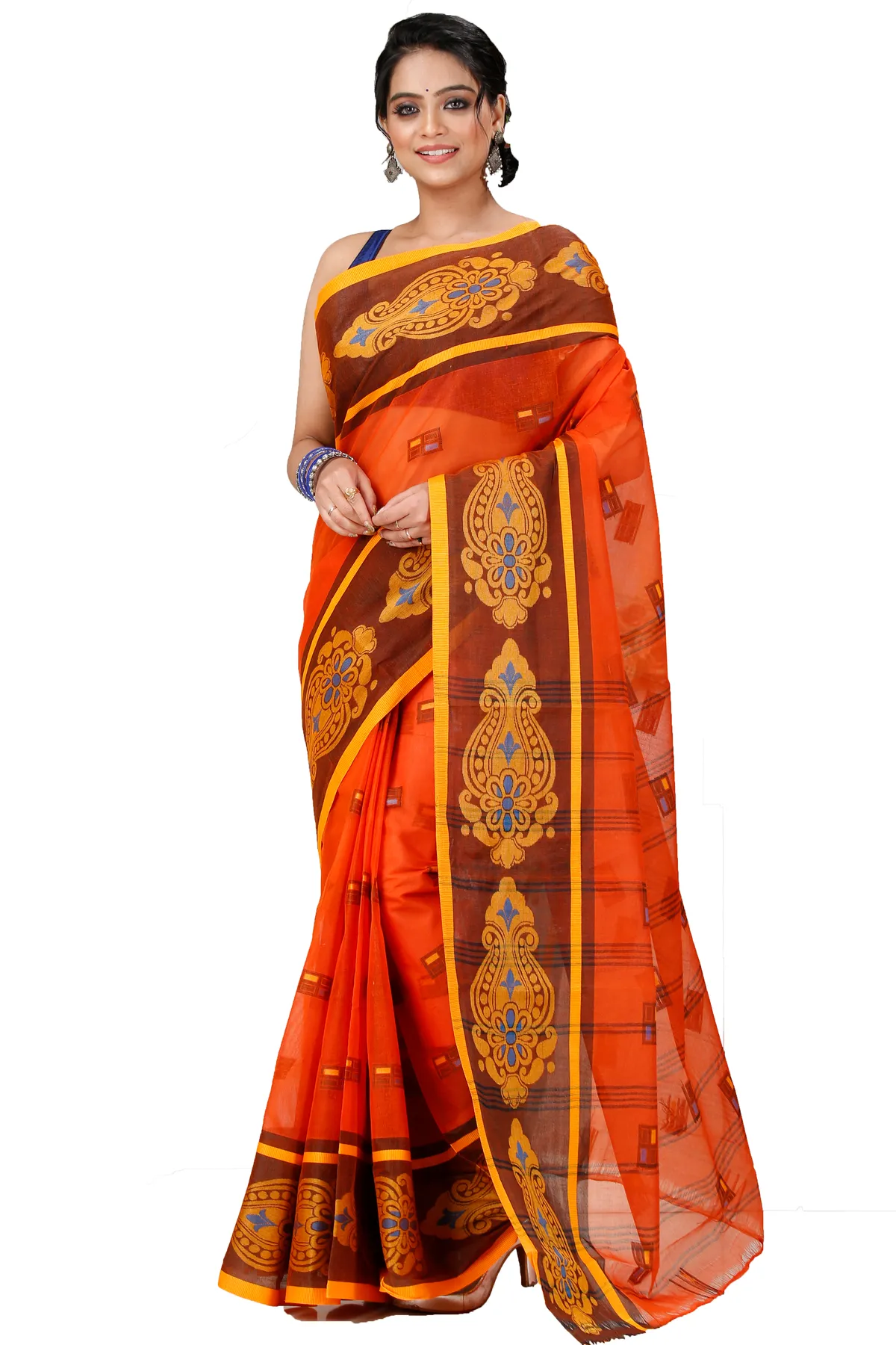 DipDiya Pure Cotton Orange Mitul Timeless Bengal Tant Sarees