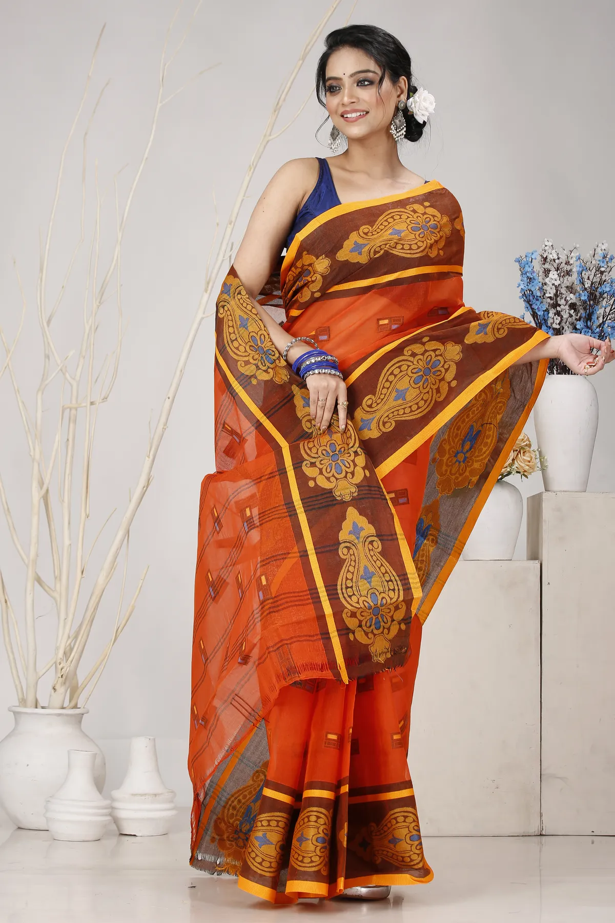 DipDiya Pure Cotton Orange Mitul Timeless Bengal Tant Sarees
