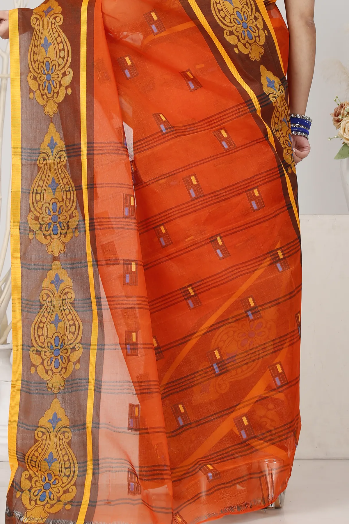 DipDiya Pure Cotton Orange Mitul Timeless Bengal Tant Sarees