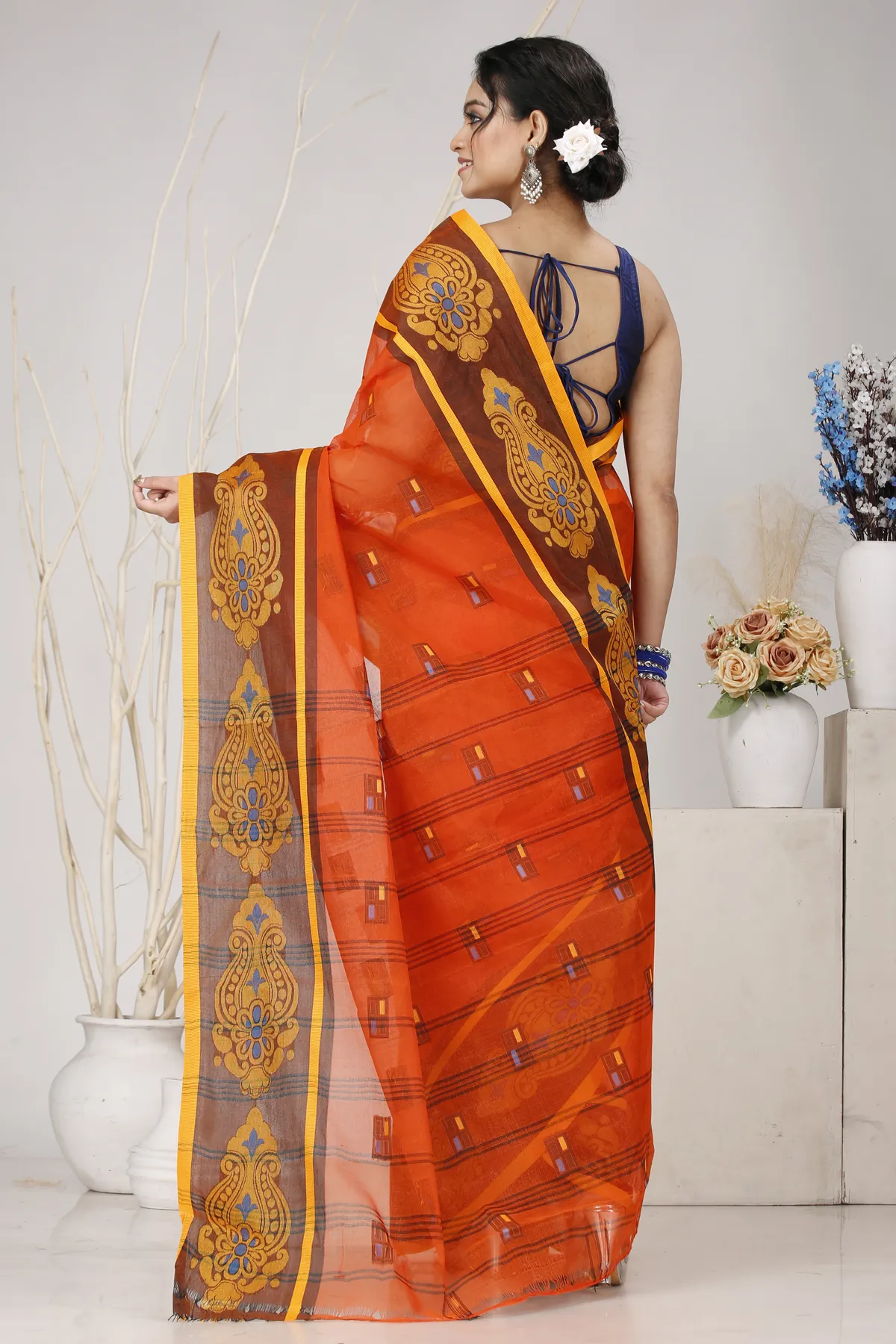 DipDiya Pure Cotton Orange Mitul Timeless Bengal Tant Sarees