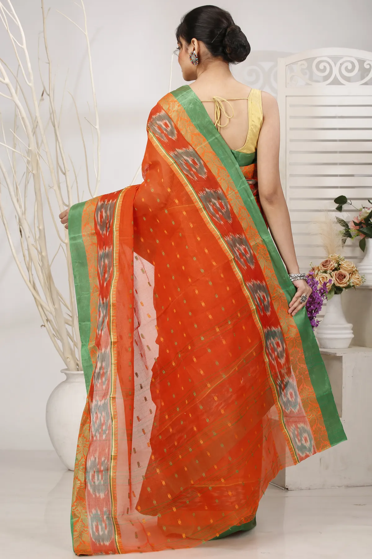 DipDiya Pure Cotton Orange Moli Essence of Bengal Tant Sarees