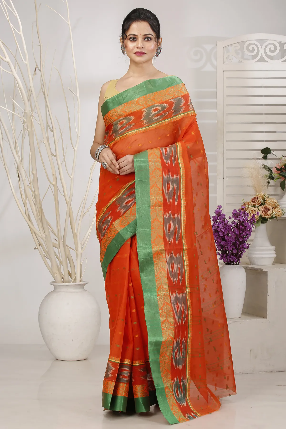 DipDiya Pure Cotton Orange Moli Essence of Bengal Tant Sarees