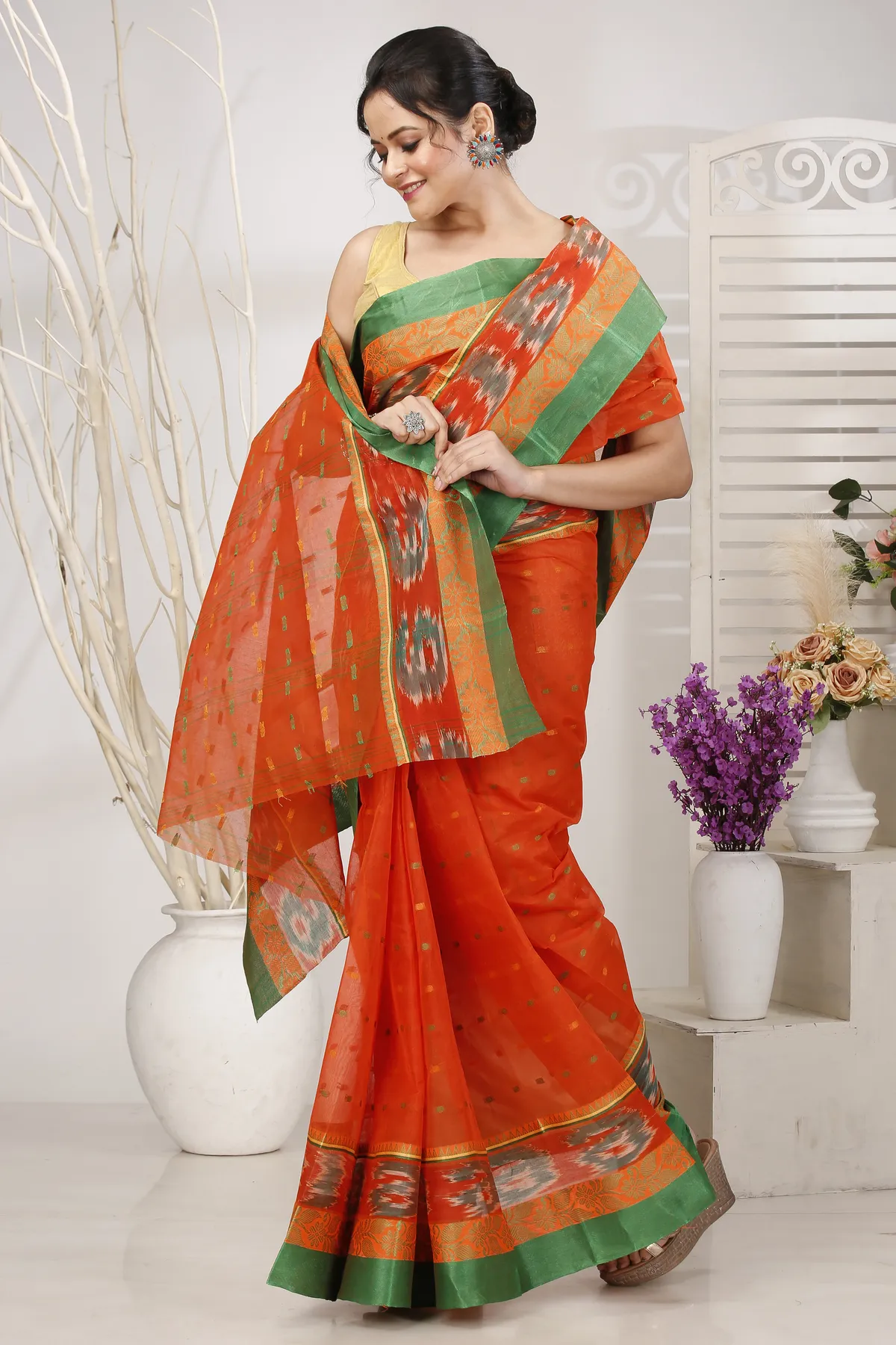 DipDiya Pure Cotton Orange Moli Essence of Bengal Tant Sarees