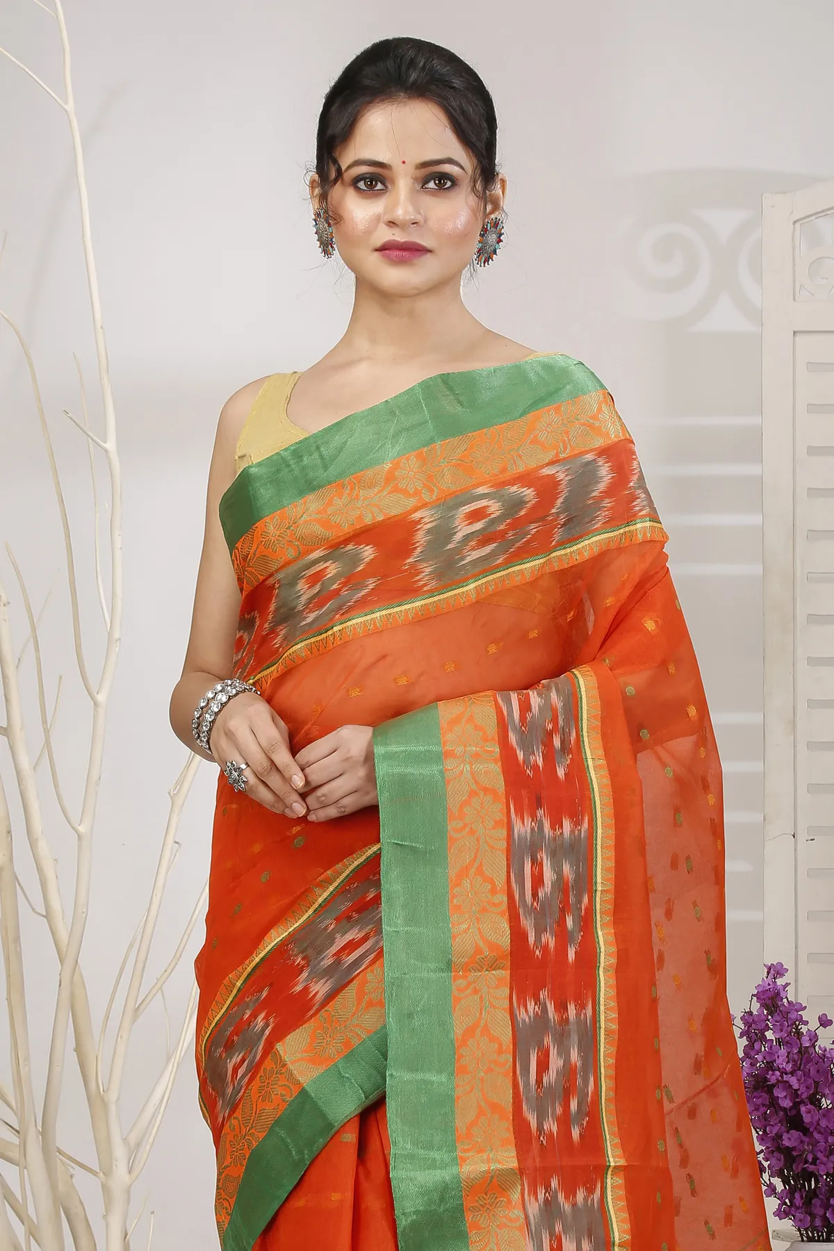 DipDiya Pure Cotton Orange Moli Essence of Bengal Tant Sarees
