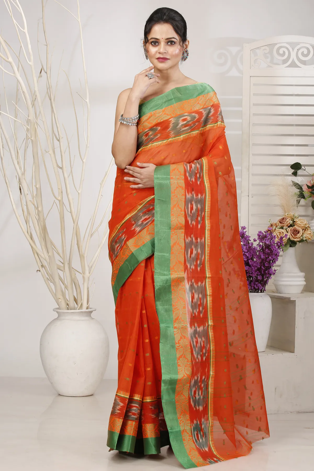 DipDiya Pure Cotton Orange Moli Essence of Bengal Tant Sarees