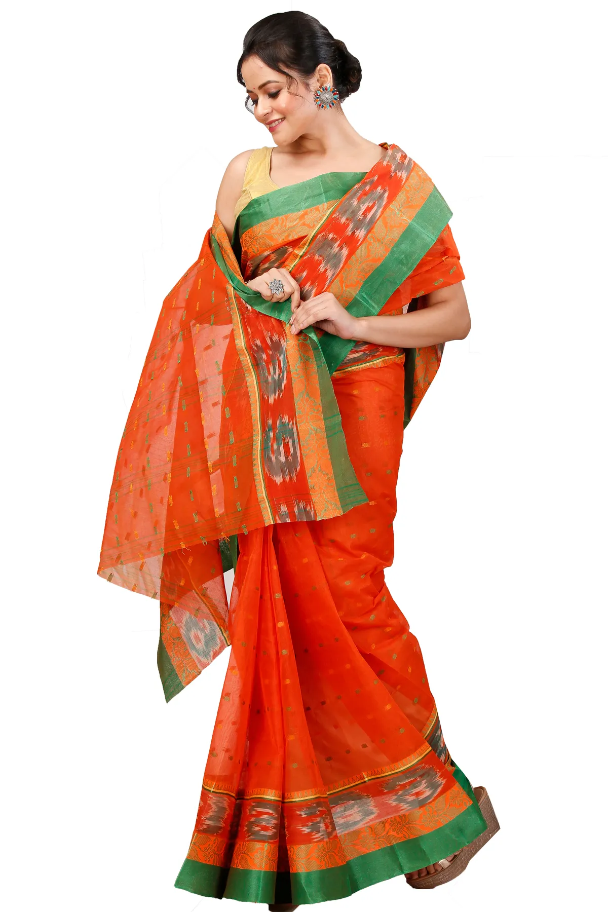 DipDiya Pure Cotton Orange Moli Essence of Bengal Tant Sarees