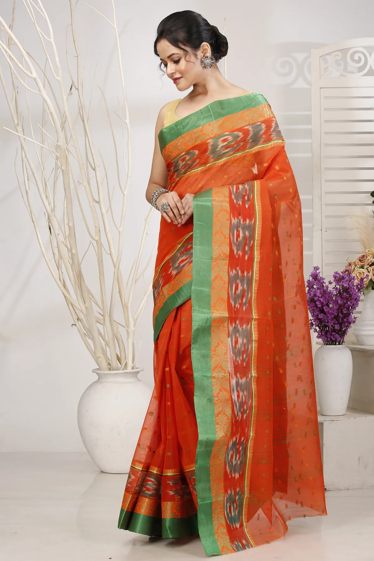 DipDiya Pure Cotton Orange Moli Essence of Bengal Tant Sarees