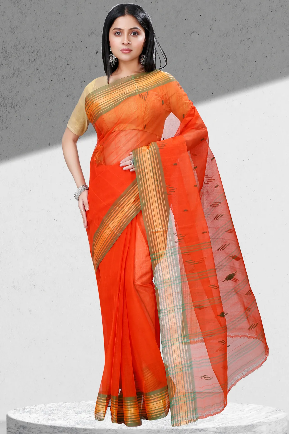 DipDiya Pure Cotton Orange Naman Threads of Tradition Tant Sarees