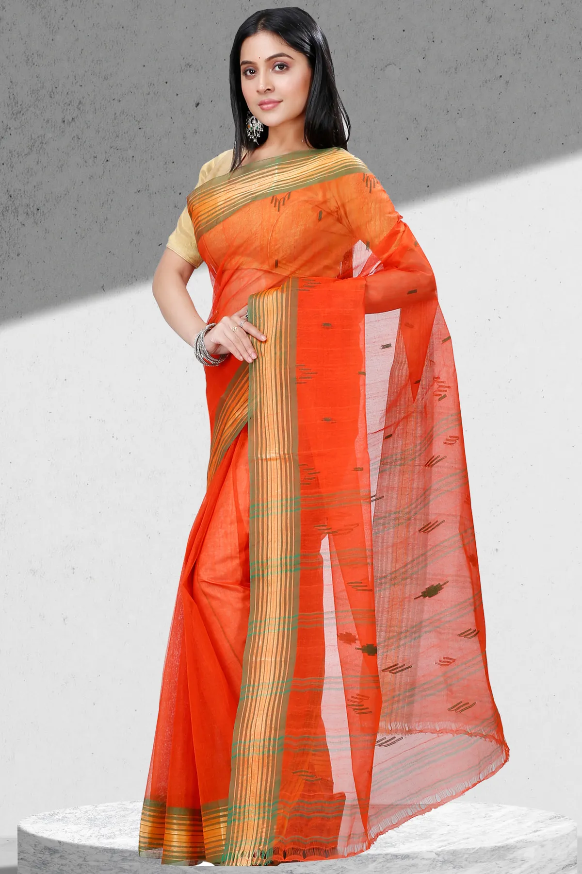 DipDiya Pure Cotton Orange Naman Threads of Tradition Tant Sarees