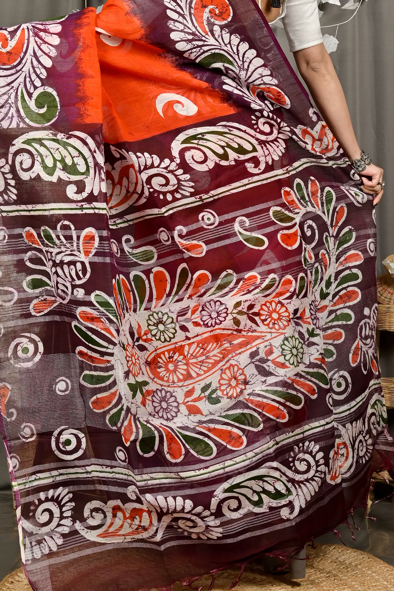 DipDiya Pure Cotton Orange Purpel Dinesi Elegance in Every Weave Batik Print Sarees