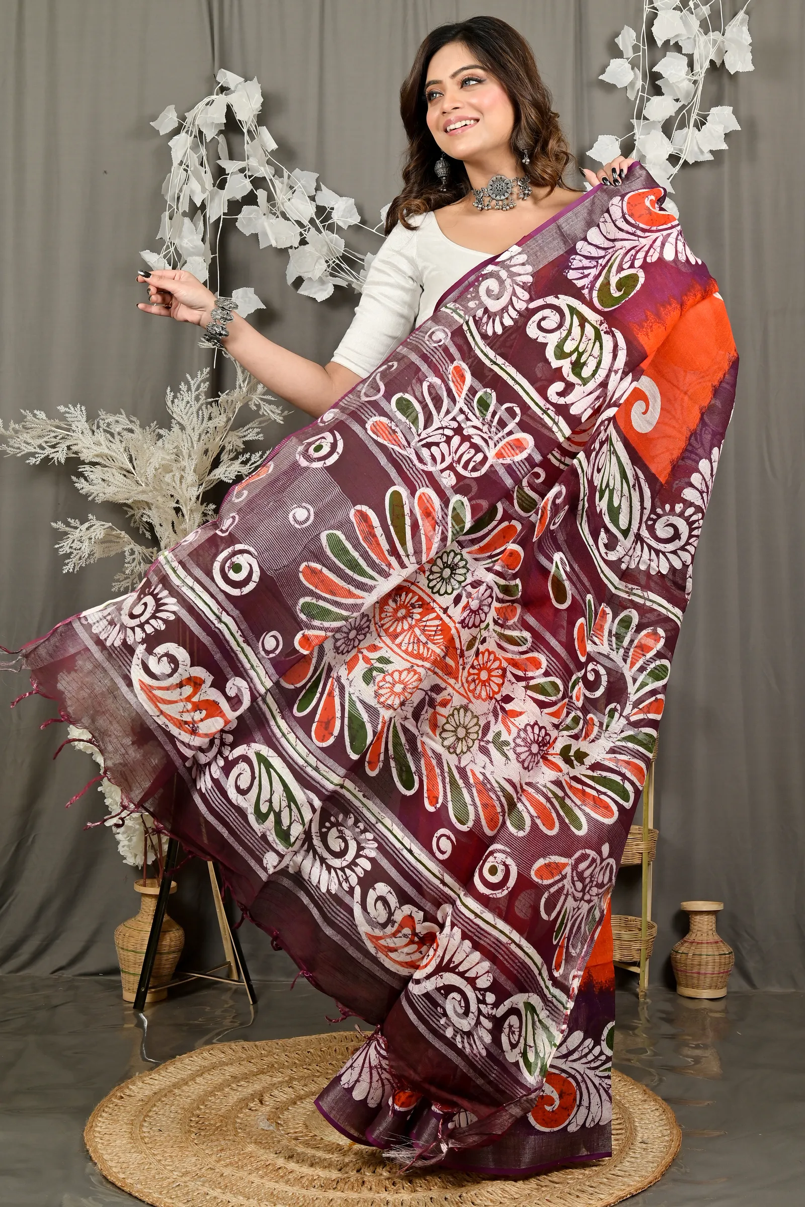 DipDiya Pure Cotton Orange Purpel Dinesi Elegance in Every Weave Batik Print Sarees