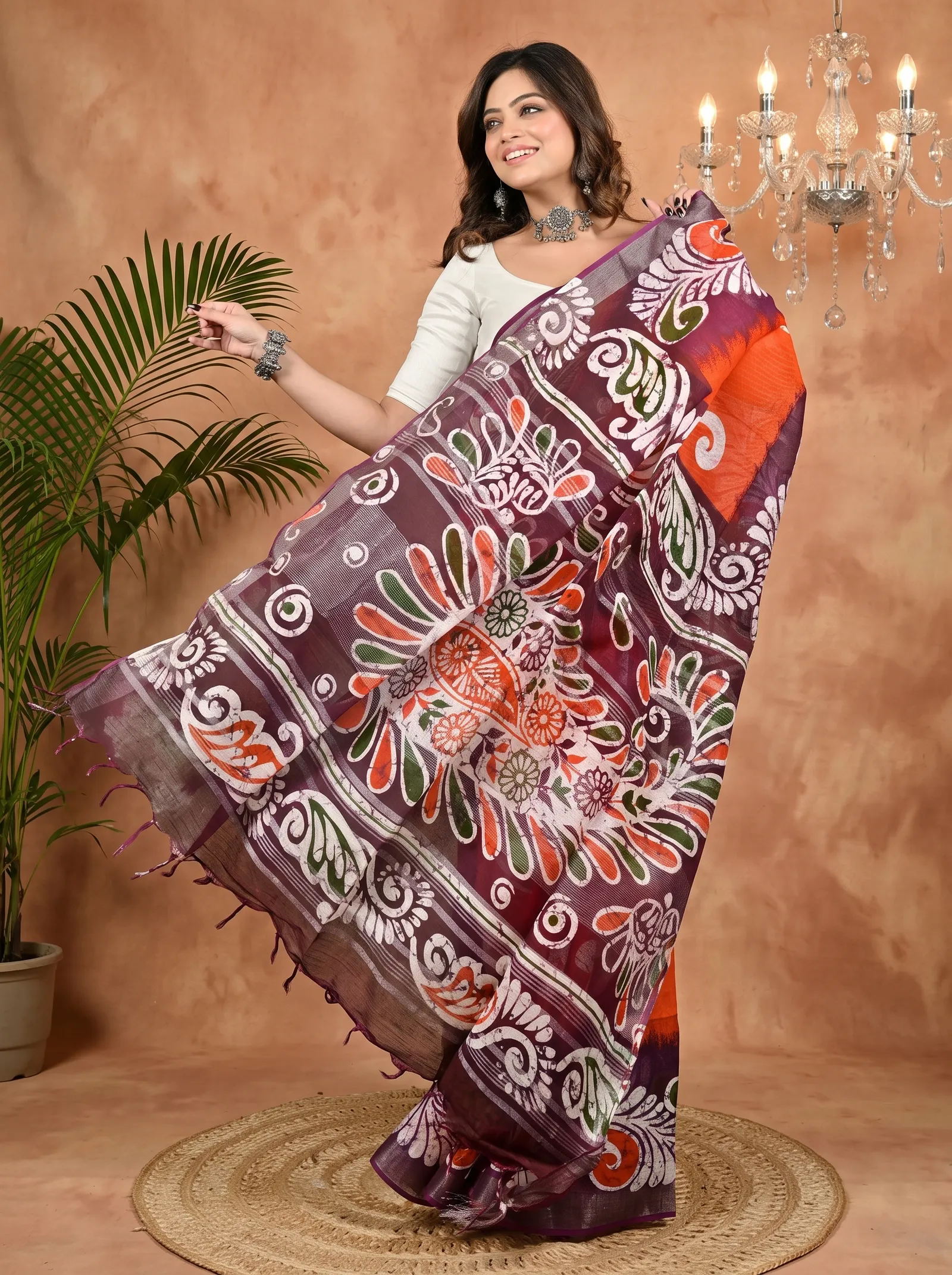 DipDiya Pure Cotton Orange Purpel Dinesi Elegance in Every Weave Batik Print Sarees