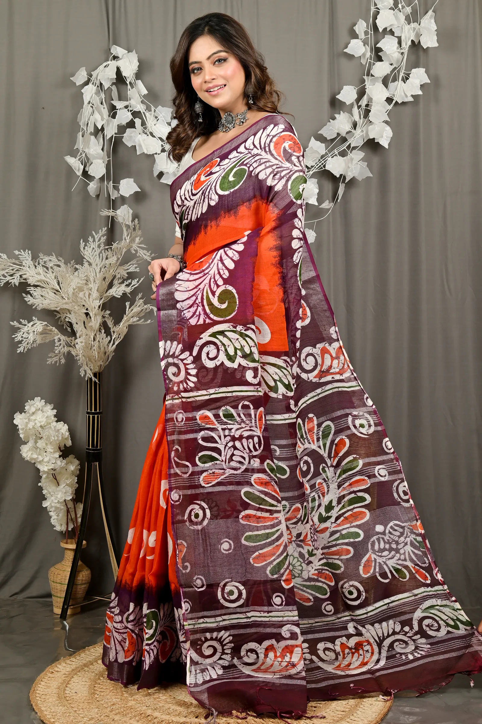 DipDiya Pure Cotton Orange Purpel Dinesi Elegance in Every Weave Batik Print Sarees