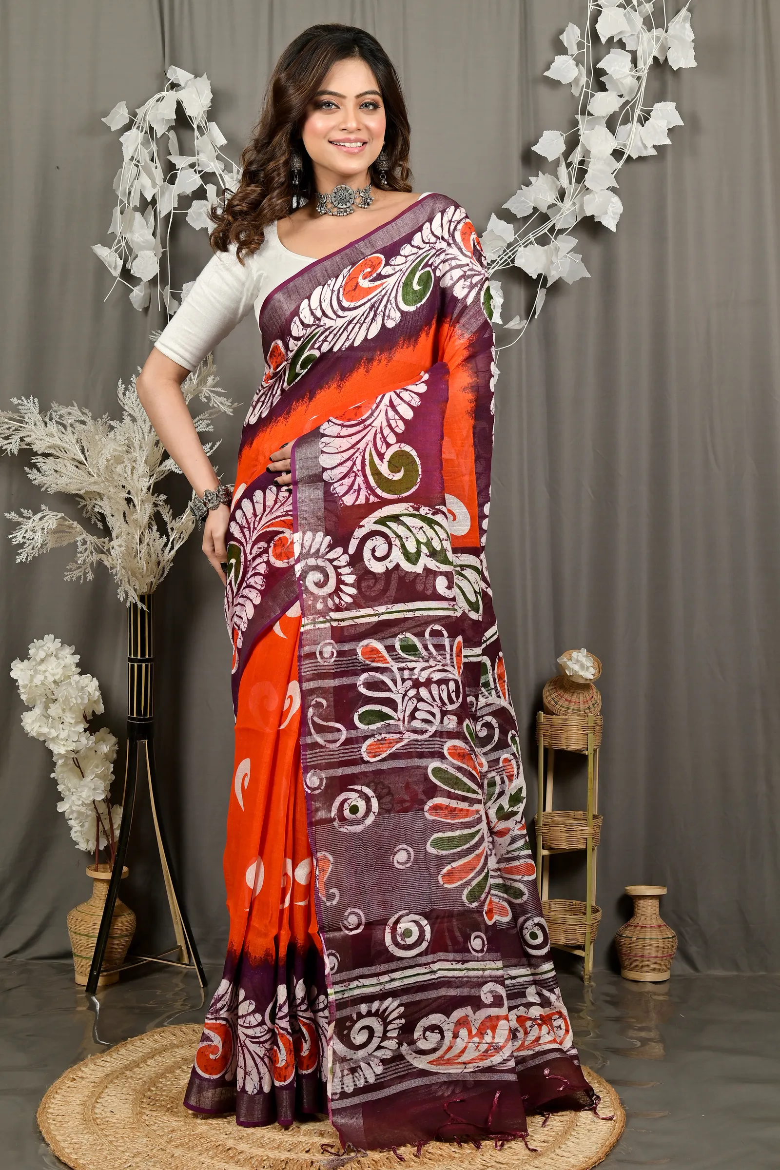 DipDiya Pure Cotton Orange Purpel Dinesi Elegance in Every Weave Batik Print Sarees