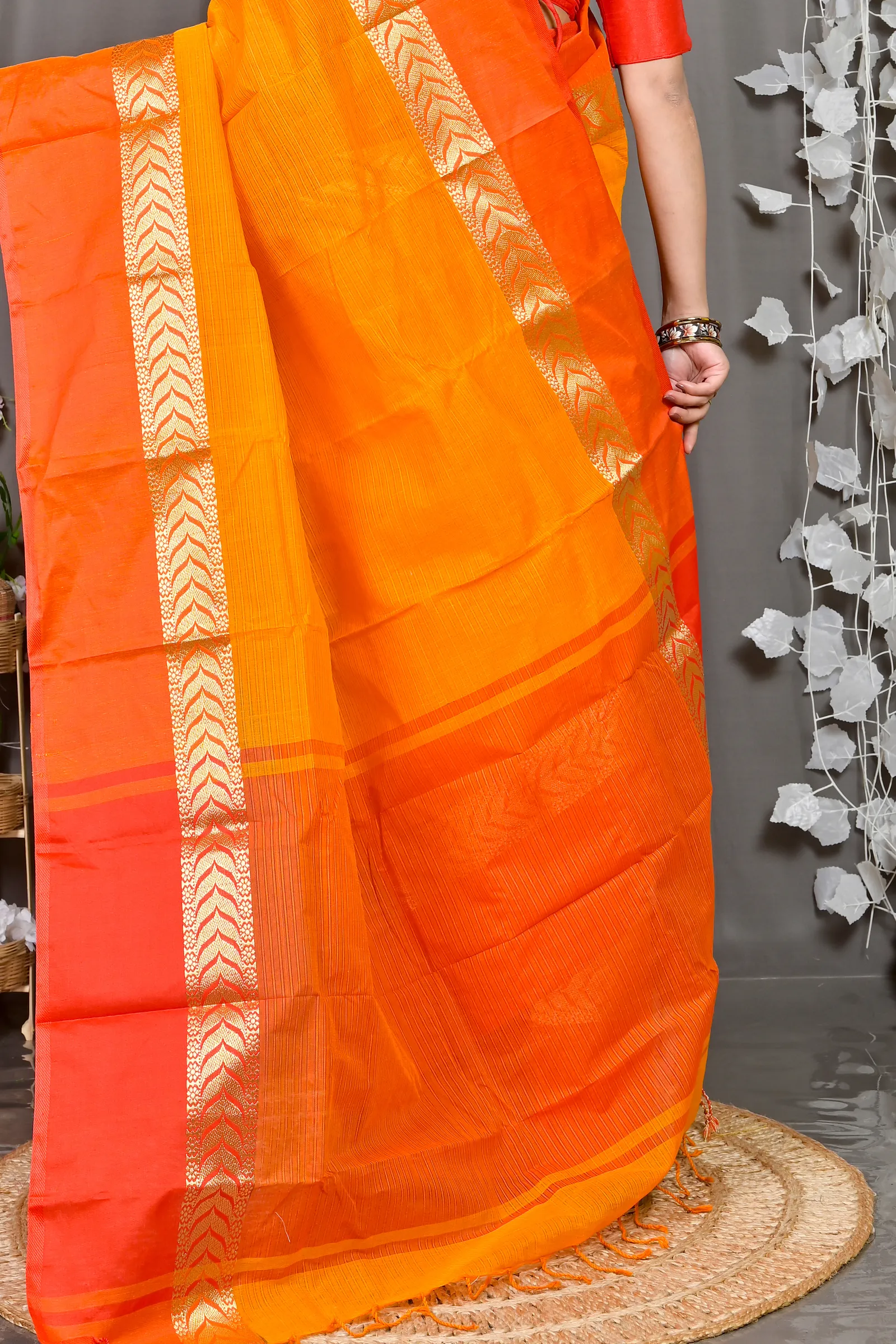DipDiya Pure Cotton Orange Red Parvin Woven with Love Tant Sarees