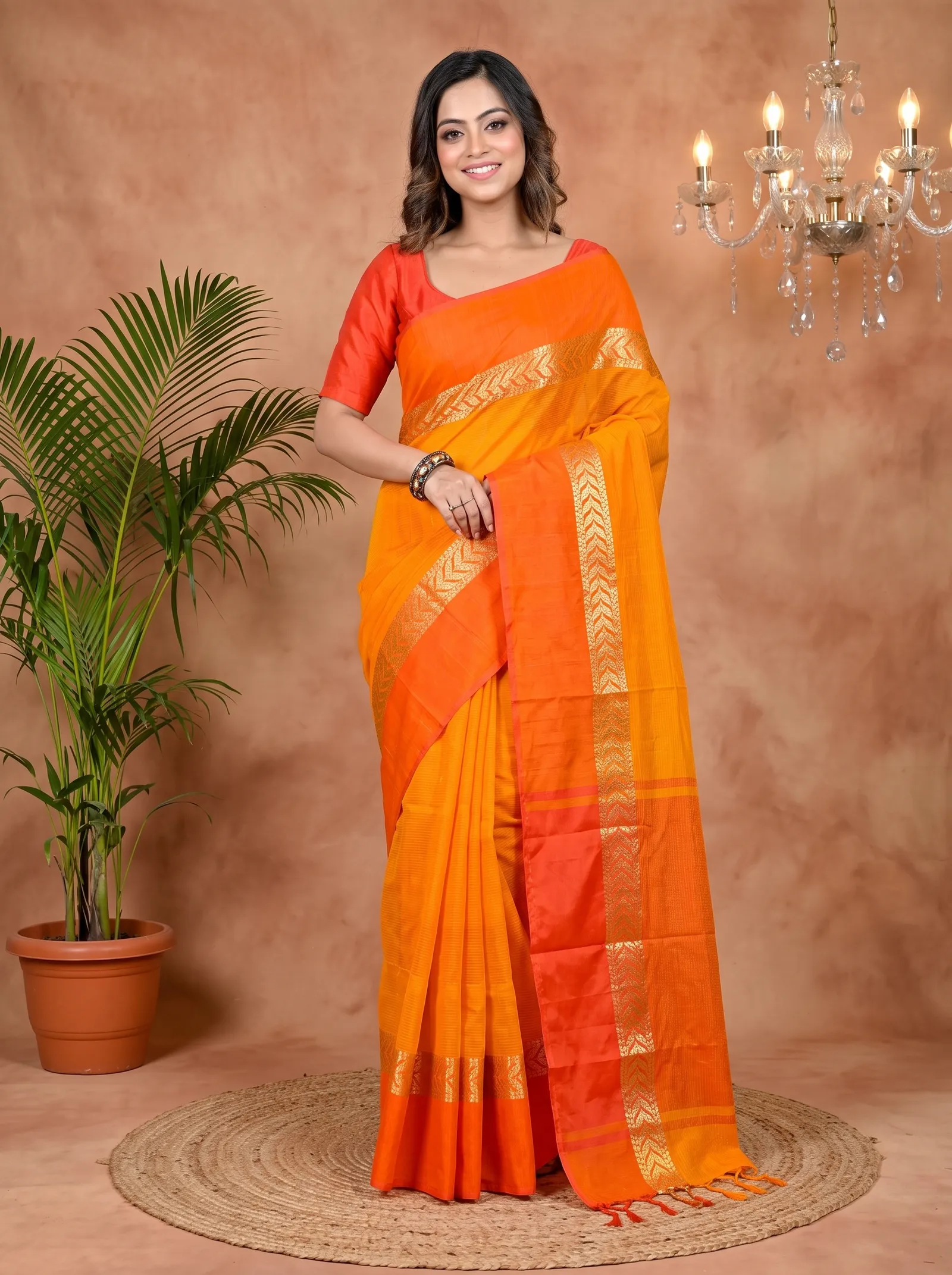 DipDiya Pure Cotton Orange Red Parvin Woven with Love Tant Sarees