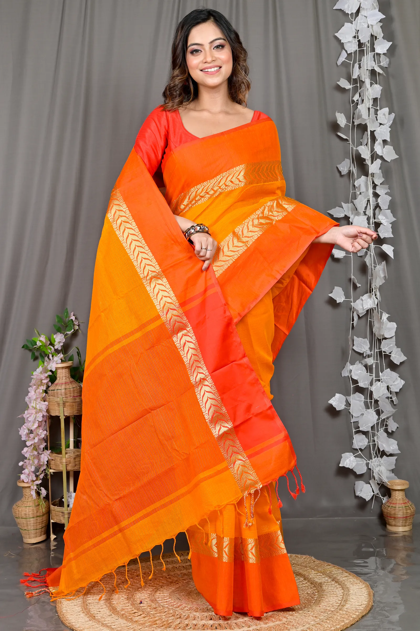 DipDiya Pure Cotton Orange Red Parvin Woven with Love Tant Sarees