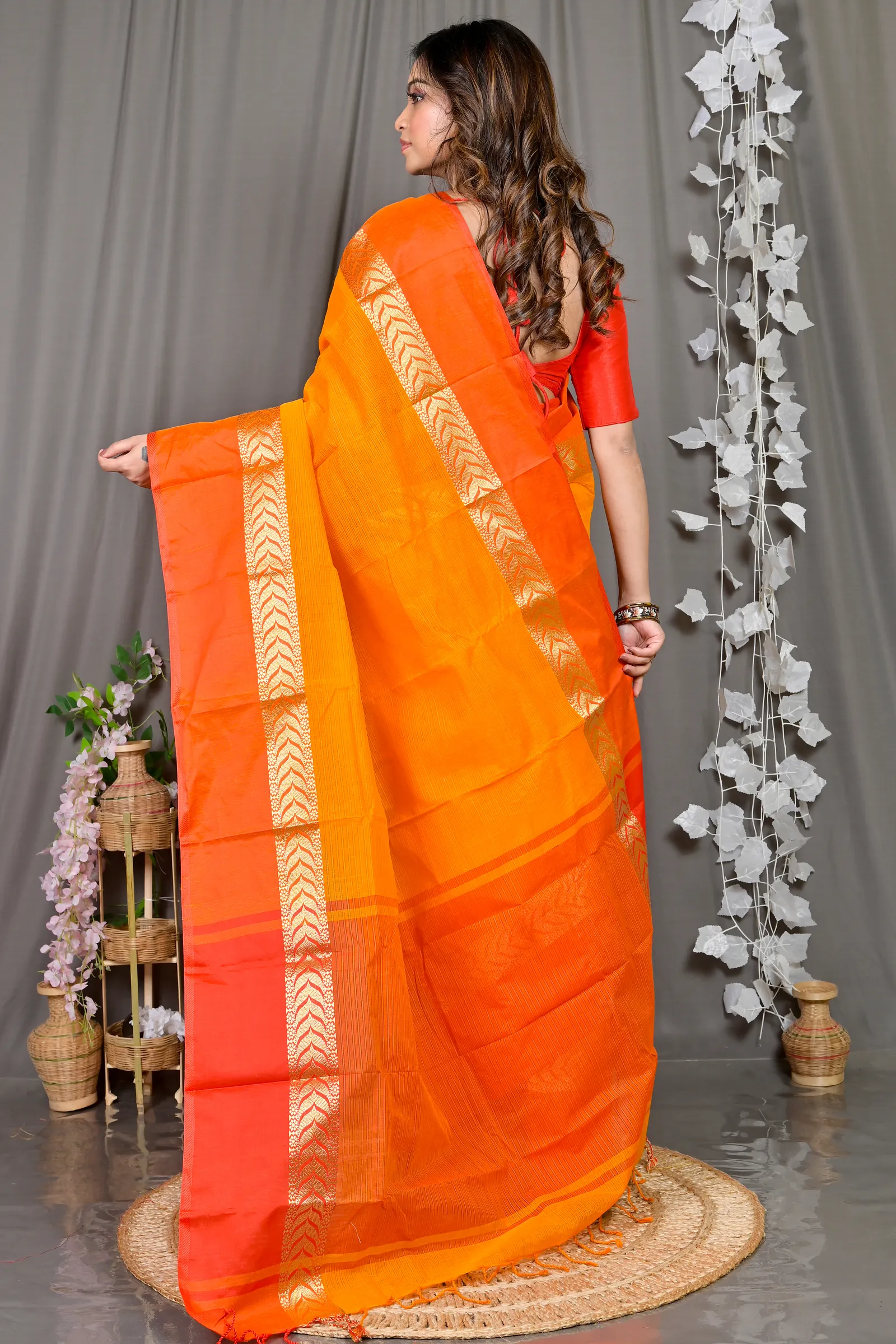 DipDiya Pure Cotton Orange Red Parvin Woven with Love Tant Sarees
