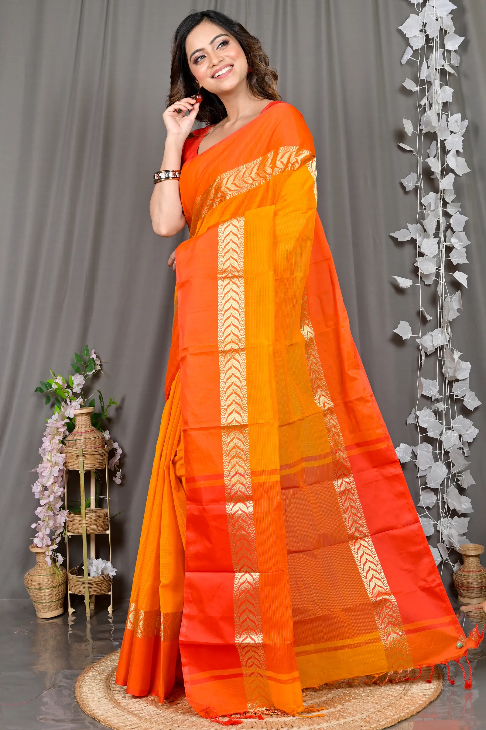 DipDiya Pure Cotton Orange Red Parvin Woven with Love Tant Sarees