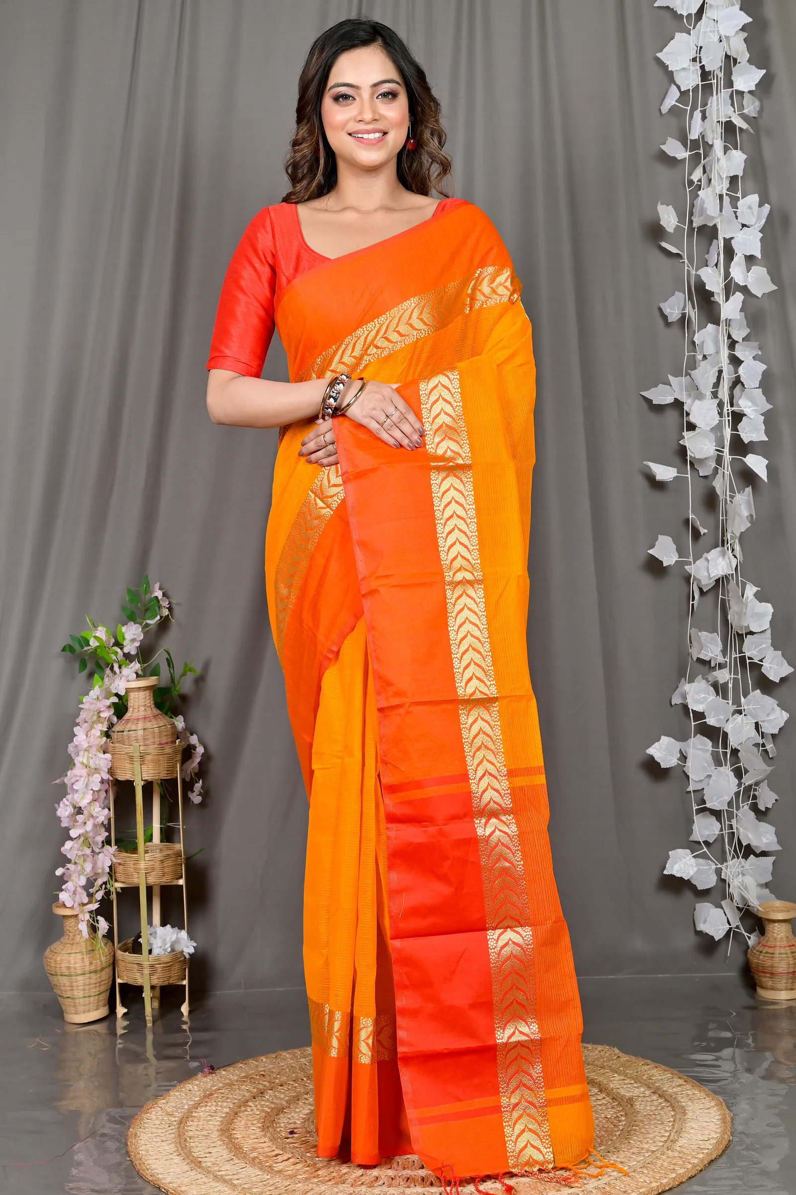 DipDiya Pure Cotton Orange Red Parvin Woven with Love Tant Sarees